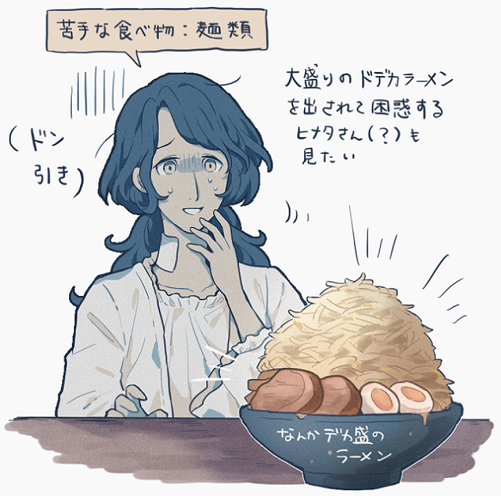 chiimako, toshi densetsu kaitai center, commentary request, translation request, 1girl, blue hair, bowl, egg (food), food, hand up, hardboiled egg, hinata (toshi densetsu kaitai center), long hair, long sleeves, meat, nervous smile, nervous sweating, noodles, ramen, simple background, smile, solo, speech bubble, sweat, upper body, white background
