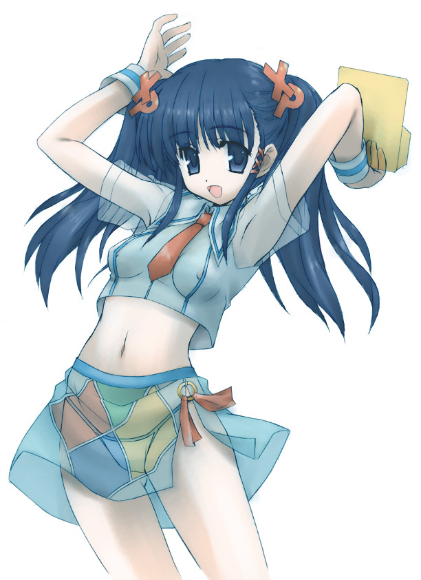 xp-tan, os-tan, 1girl, blue skirt, breasts, female focus, hair ornament, letter hair ornament, long hair, navel, necktie, nipples, no bra, open mouth, see-through clothes, see-through shirt, shirt, simple background, skirt, solo, thighs