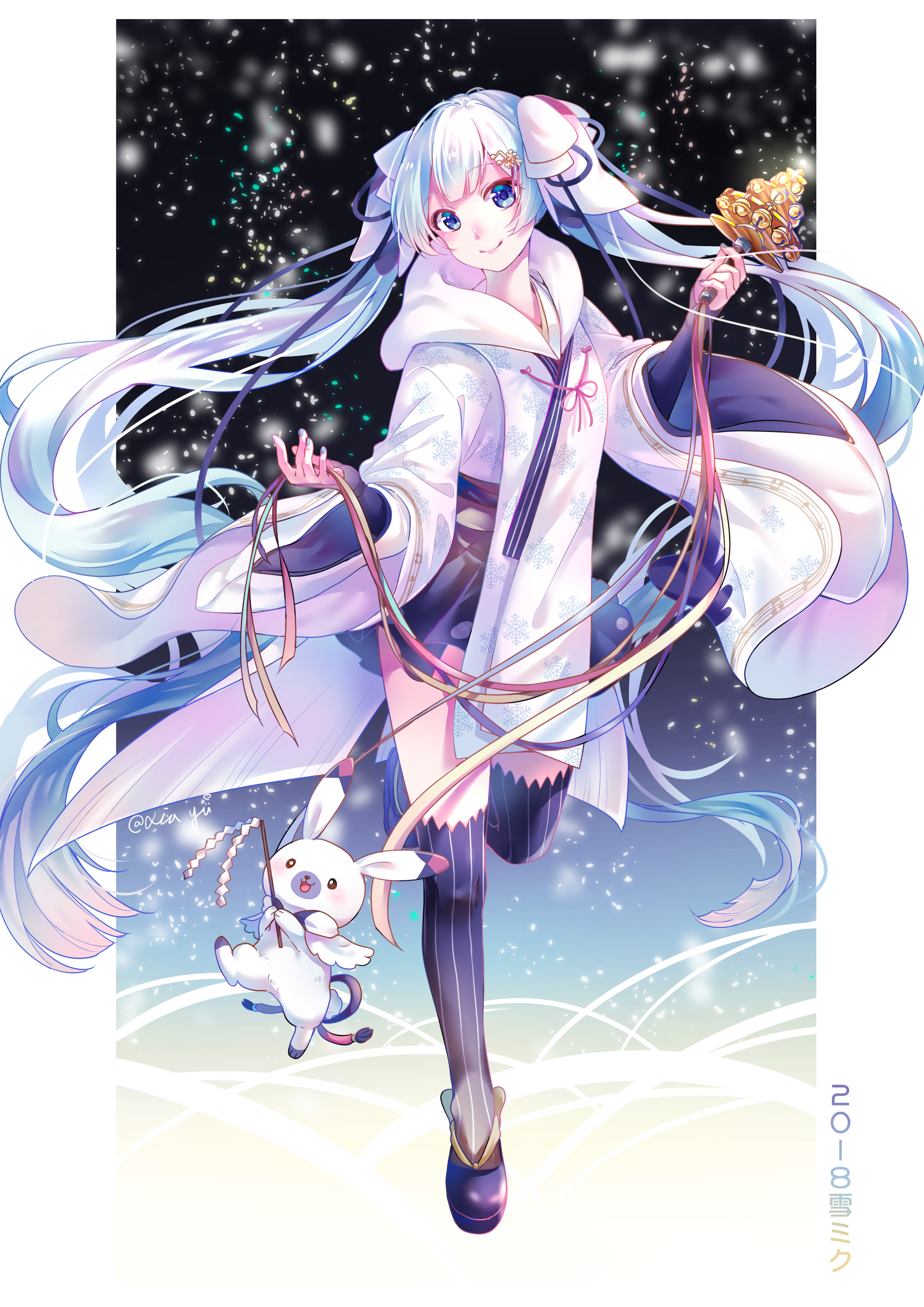 natsuyuu, hatsune miku, rabbit yukine, yuki miku, yuki miku (2018), vocaloid, absurdres, highres, 1girl, 1other, aqua hair, bell, black sandals, black thighhighs, blue nails, blush, chihaya (clothing), closed mouth, fortissimo, hair ornament, holding, holding bell, japanese clothes, jingle bell, kagura suzu, long hair, long sleeves, looking at viewer, musical note, musical note hair ornament, musical note print, musical staff, musical staff print, official alternate costume, official alternate hairstyle, rabbit, sandals, smile, striped clothes, striped thighhighs, thighhighs, twintails, very long hair, wide sleeves