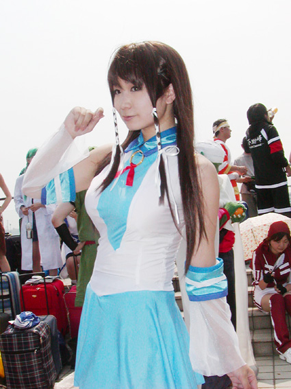 xp-tan, os-tan, cosplay photo, photo (medium), 1girl, blue skirt, cosplay, female focus, skirt, solo