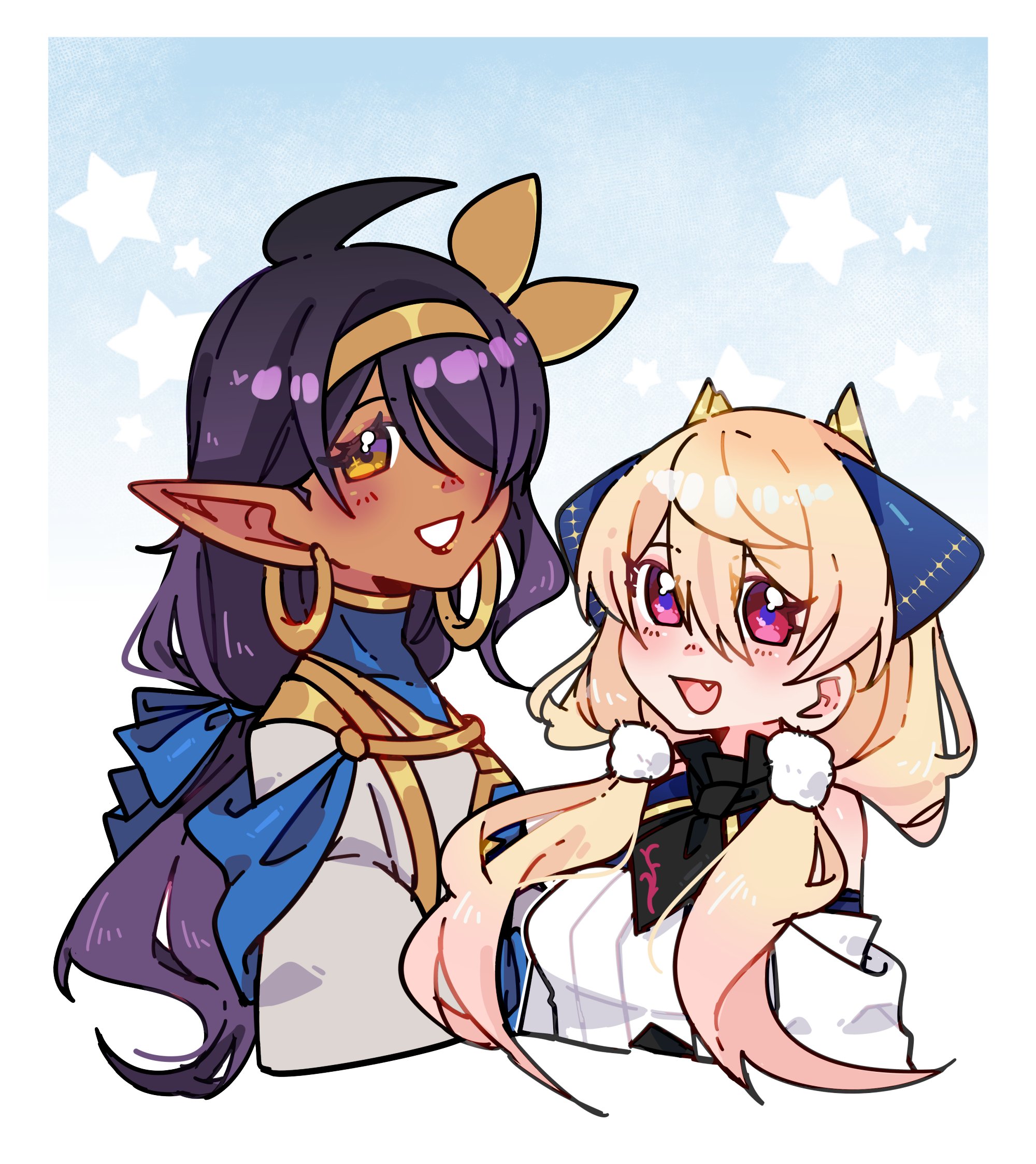 original, commentary, english commentary, highres, 2girls, :d, bare shoulders, blonde hair, blue background, blue bow, blue pupils, border, borrowed character, bow, celeine, cropped torso, dark-skinned female, dark skin, double-parted bangs, dress, earrings, fang, gold hairband, gradient background, grey dress, hair between eyes, hair bow, hair over one eye, hair over shoulder, hair tie, hairband, hoop earrings, jewelry, long hair, looking at viewer, low twintails, multiple girls, open mouth, parted bangs, pointy ears, purple hair, red eyes, smile, star (symbol), twintails, white border, white sleeves, yellow eyes