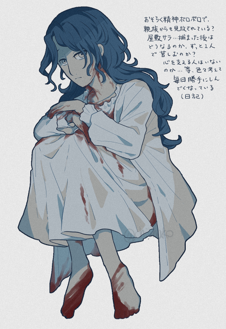 chiimako, toshi densetsu kaitai center, commentary request, translation request, 1girl, barefoot, blood, blood on clothes, blood on face, blue hair, closed mouth, dress, frilled dress, frills, full body, grey background, hinata (toshi densetsu kaitai center), knees up, limited palette, long hair, long sleeves, looking at viewer, simple background, sitting, solo, wavy hair