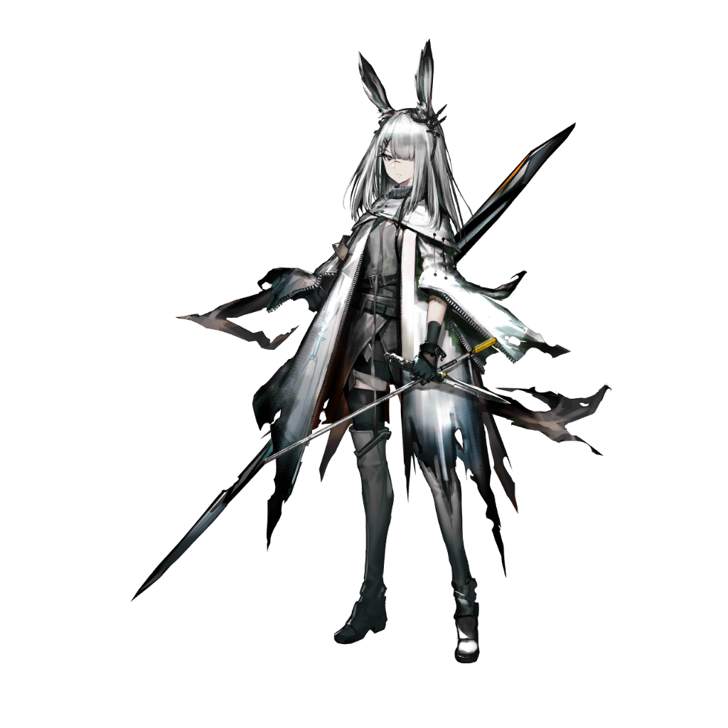 yui (niikyouzou), frostnova (arknights), arknights, official art, 1girl, animal ears, black gloves, black thighhighs, boots, closed mouth, dress, full body, gloves, grey boots, grey dress, grey eyes, grey hair, hair ornament, hair over one eye, hairclip, holding, holding knife, holding weapon, hood, jacket, knife, looking at viewer, medium hair, one eye covered, rabbit ears, rabbit girl, scar, scar on face, scar on nose, short dress, simple background, solo, standing, tachi-e, thigh boots, thighhighs, thighhighs under boots, torn clothes, torn jacket, transparent background, weapon, white jacket, zipper