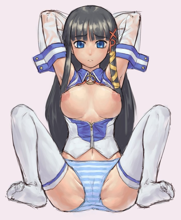 xp-tan, os-tan, 1girl, armpits, arms up, black hair, blue eyes, blush, breasts, breasts out, cameltoe, detached sleeves, female focus, frown, full body, large breasts, long hair, long sleeves, looking at viewer, navel, nipples, panties, pink background, shirt, sidelocks, simple background, sleeveless, sleeveless shirt, solo, spread legs, striped clothes, striped panties, thighhighs, underwear, unzipped, very long hair, white thighhighs, zipper