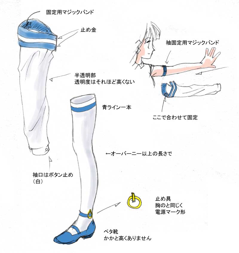 nac (nac na kobeya), xp-tan, os-tan, blue footwear, 1girl, armlet, arrow (symbol), blunt bangs, closed mouth, detached sleeves, jewelry, long sleeves, outstretched arm, partially colored, profile, shoes, short sleeves, simple background, smile, thighhighs, white background, white thighhighs