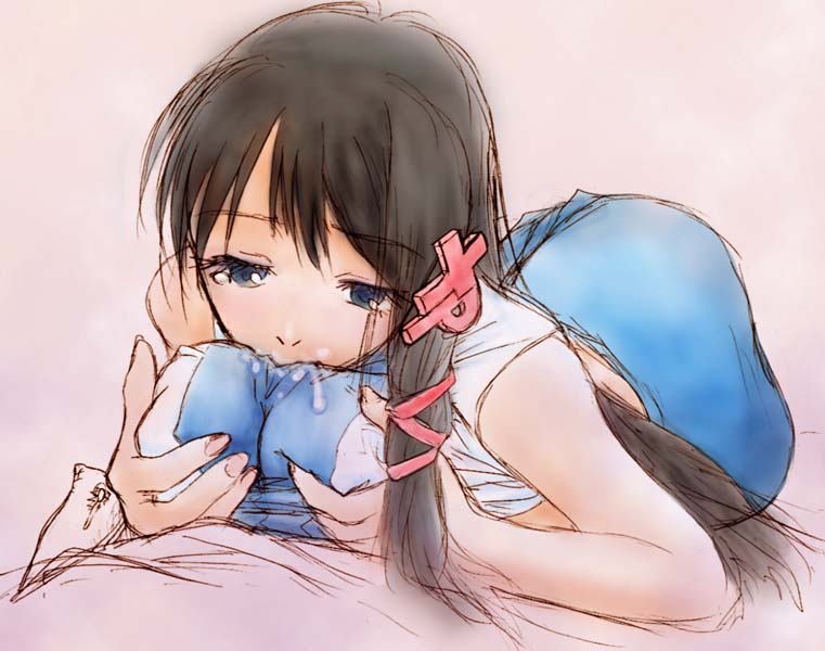 xp-tan, os-tan, 1girl, black hair, blue eyes, breasts, cum, fellatio, hair ornament, hairclip, large breasts, long hair, oral, paizuri, paizuri under clothes, penis, sketch, solo focus