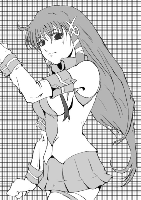 xp-tan, os-tan, 1girl, bare shoulders, collar, detached sleeves, female focus, greyscale, hair ornament, hairpin, long hair, long sleeves, looking at viewer, monochrome, plaid background, pleated skirt, shirt, simple background, skirt, sleeveless, sleeveless shirt, smile, solo, thighhighs, very long hair, zettai ryouiki