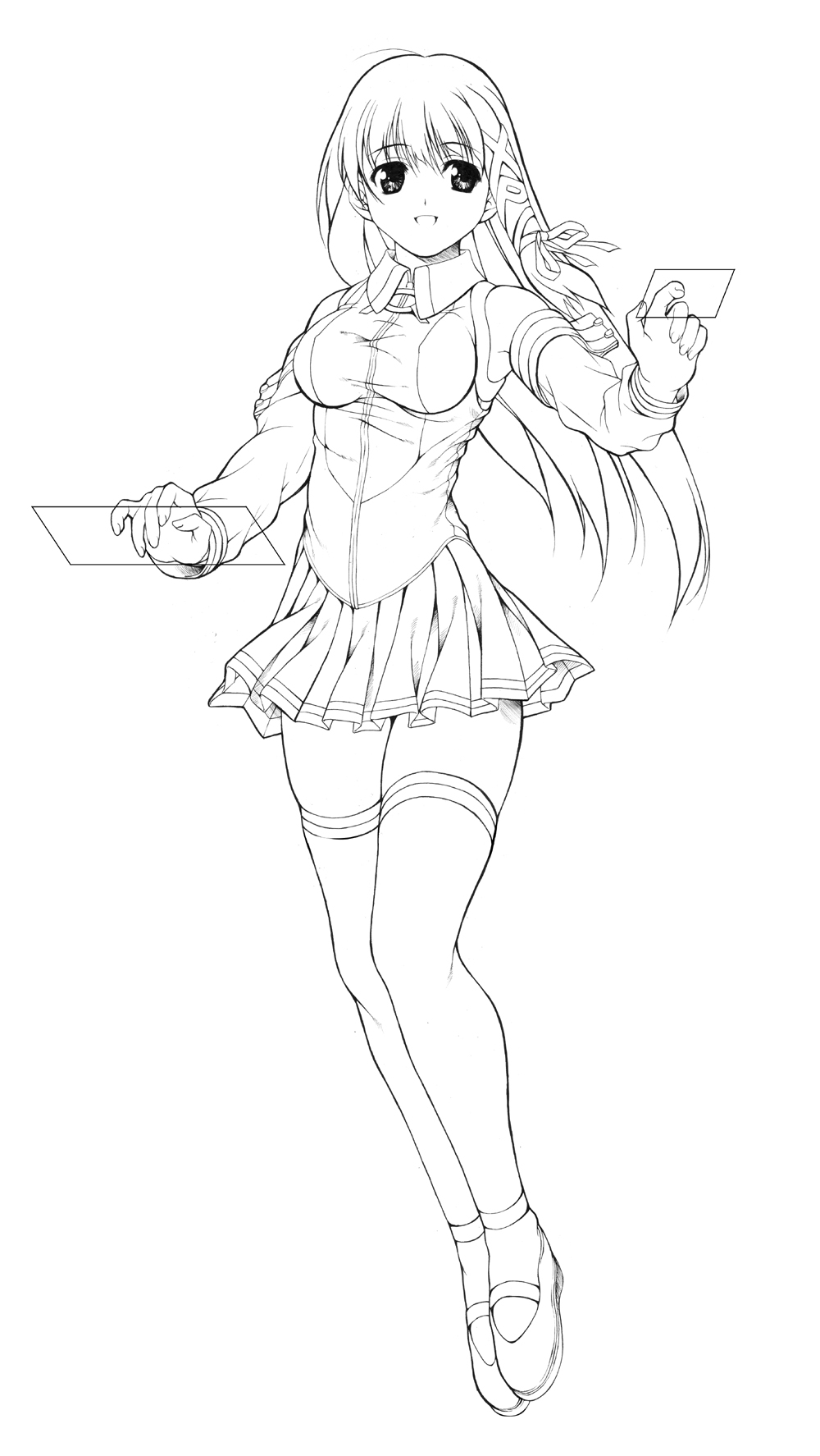 shirota dai, xp-tan, os-tan, highres, 1girl, detached sleeves, female focus, greyscale, long hair, monochrome, skirt, solo, thighhighs