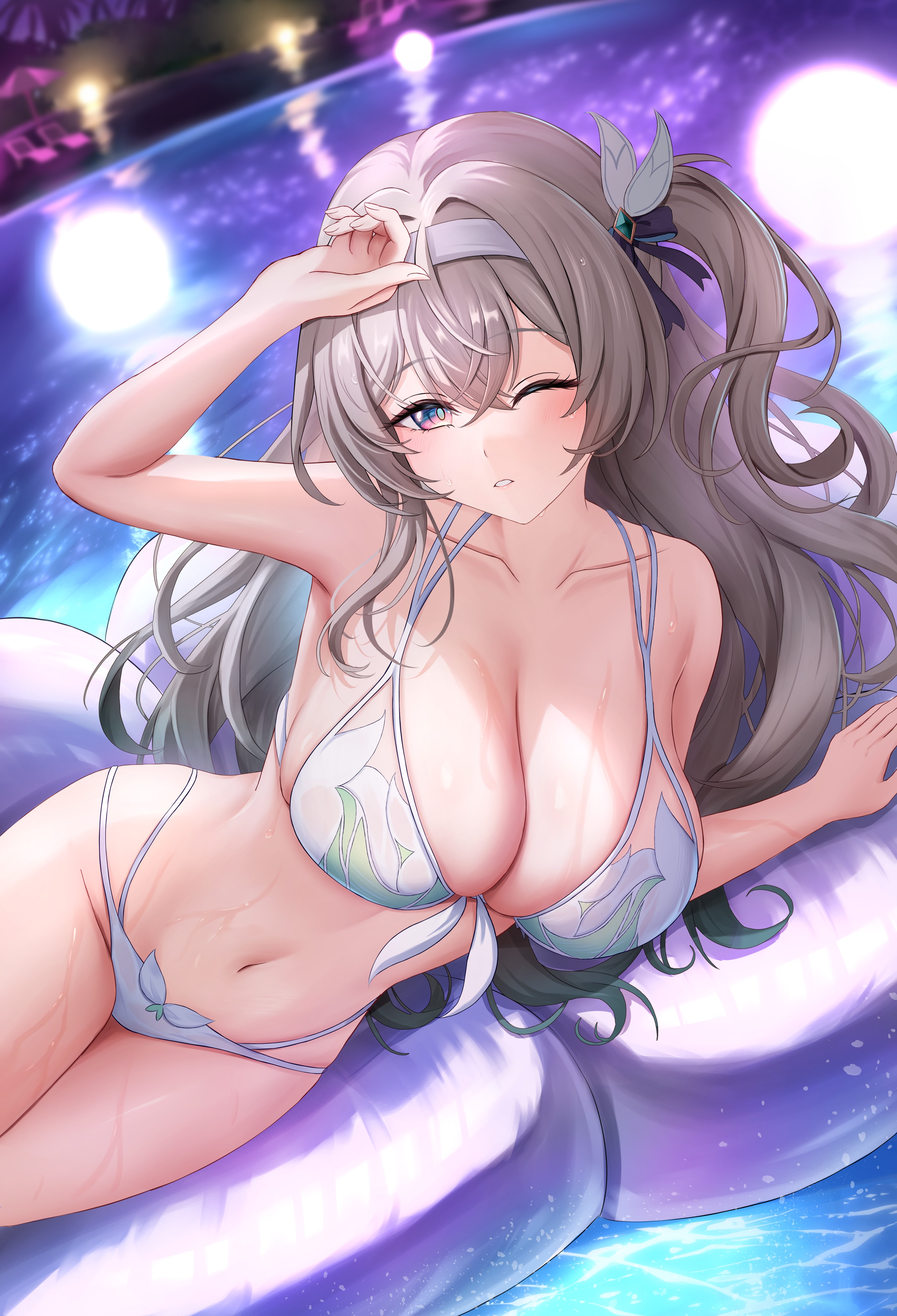 shouhaku0512, firefly (honkai: star rail), honkai: star rail, honkai (series), absurdres, commentary, highres, 1girl, arm rest, arm up, bare shoulders, bikini, blurry, blurry background, blush, breasts, chair, cleavage, collarbone, crossed bangs, gradient eyes, gradient hair, green eyes, grey hair, hair between eyes, hair ornament, hairband, inflatable raft, large breasts, long hair, looking at viewer, lounge chair, lying, multicolored eyes, multicolored hair, navel, night, on side, one eye closed, one side up, parted lips, pool, purple eyes, reflection, reflective water, sidelocks, solo, stomach, swimsuit, thighs, two-tone eyes, umbrella, very long hair, water, wet, white bikini