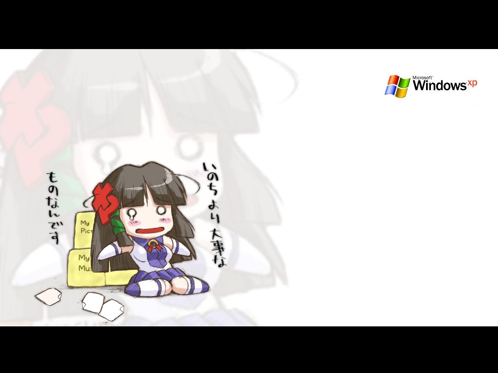 xp-tan, microsoft windows, os-tan, translation request, 1girl, bare shoulders, blue skirt, blunt bangs, blush, chibi, chibi only, elbow gloves, empty eyes, female focus, gloves, hair ornament, hairpin, letterboxed, o o, open mouth, pleated skirt, shirt, simple background, sitting, skirt, sleeveless, sleeveless shirt, solo, tears, white gloves, wide-eyed