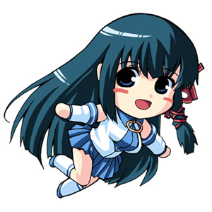 xp-tan, os-tan, lowres, 1girl, :d, black hair, blue eyes, blue skirt, blush, chibi, chibi only, detached sleeves, female focus, full body, hair ornament, kneehighs, looking at viewer, open mouth, pleated skirt, shirt, simple background, skirt, sleeveless, sleeveless shirt, smile, socks, solo, white background, x hair ornament