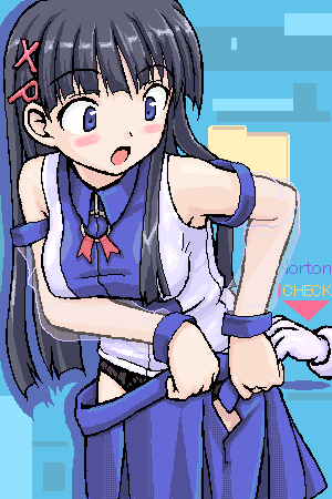 takayaki, dr norton, norton, xp-tan, os-tan, lowres, 1girl, aqua background, black hair, black panties, blue skirt, blush, blush stickers, breasts, clothes pull, gloves, large breasts, male hand, miniskirt, oekaki, open mouth, panties, pleated skirt, school uniform, see-through clothes, see-through sleeves, skirt, skirt pull, solo focus, underwear, undressing