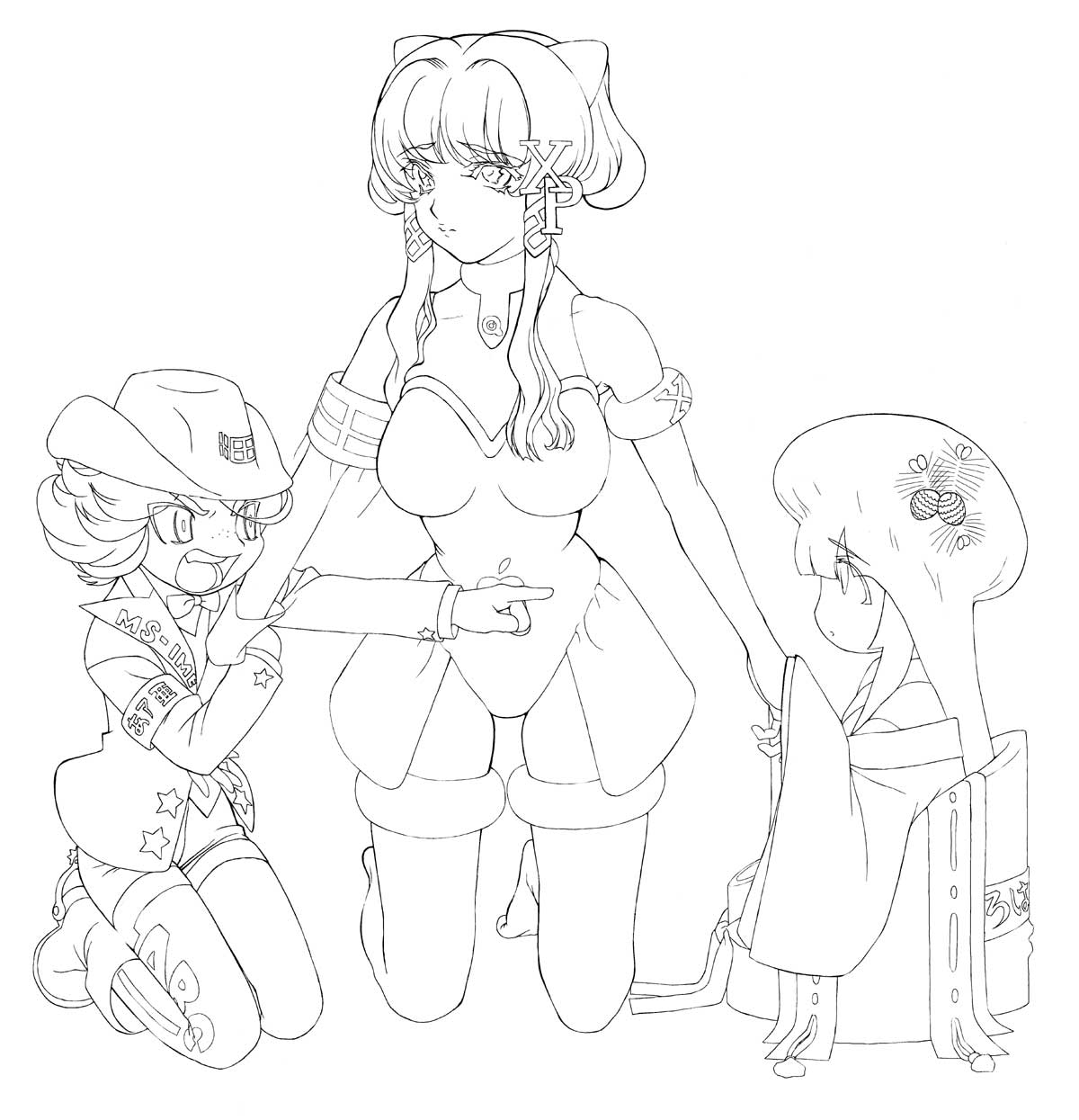 xp-tan, os-tan, highres, 3girls, arm hug, armband, cowboy hat, freckles, greyscale, hair tubes, hat, kneeling, long hair, monochrome, multiple girls, open mouth, thighhighs