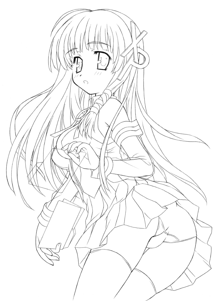 xp-tan, os-tan, highres, ass, folder, greyscale, long hair, monochrome, panties, pantyshot, solo, thighhighs, underwear