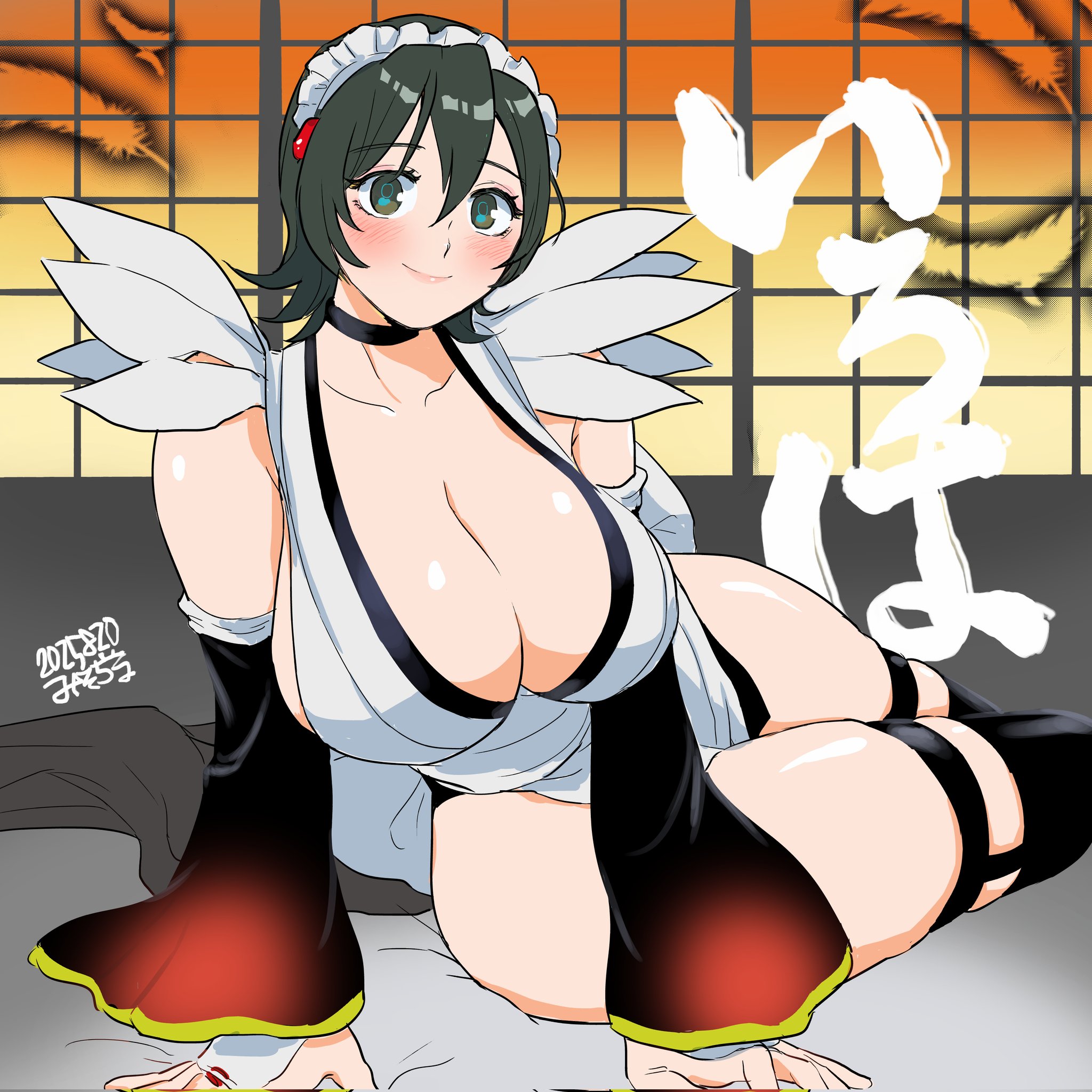 misodiru, iroha (samurai spirits), samurai spirits, snk, highres, 1girl, apron, black hair, black thighhighs, blue eyes, blush, breasts, choker, cleavage, flipped hair, frilled leotard, frills, hair ornament, huge breasts, japanese clothes, lace-trimmed apron, lace trim, large breasts, leotard, looking at viewer, maid, maid headdress, maid leotard, short hair, smile, solo, thighhighs, thighs, unconventional maid