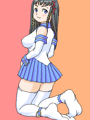 xp-tan, os-tan, lowres, 1girl, blue skirt, female focus, skirt, solo, thighhighs