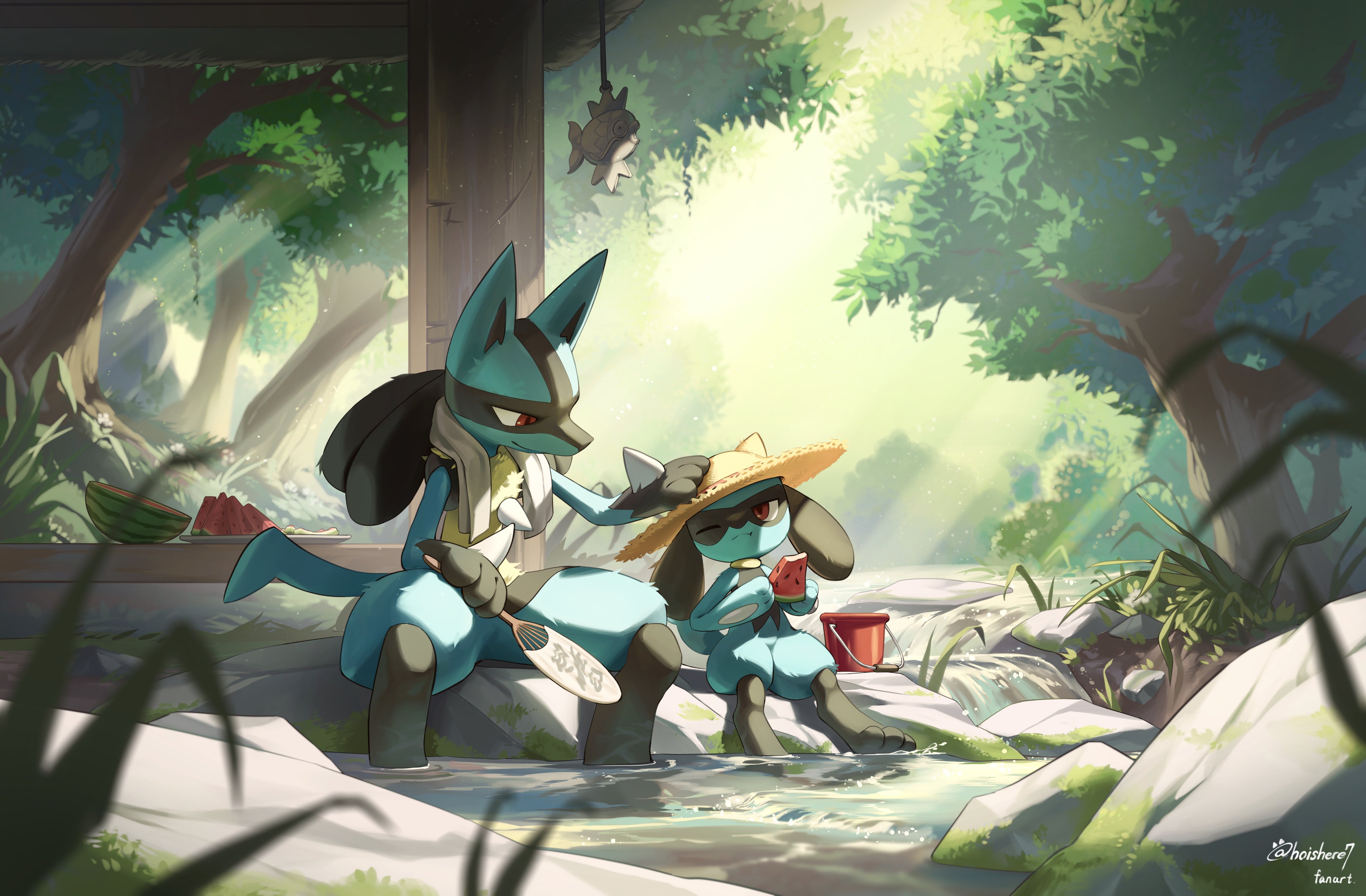 hoishere7, lucario, magikarp, riolu, nintendo, pokemon, absurdres, highres, animal ears, animal focus, black fur, blue fur, body fur, closed mouth, eating, evolutionary line, food, forest, fruit, gen 1 pokemon, gen 4 pokemon, grass, hand fan, hat, holding, holding fan, multicolored fur, nature, one eye closed, outdoors, plant, pokemon (creature), pokemon focus, pond, sitting, smile, spikes, sun hat, tail, towel, towel around neck, tree, water, watermelon, watermelon slice, yellow fur