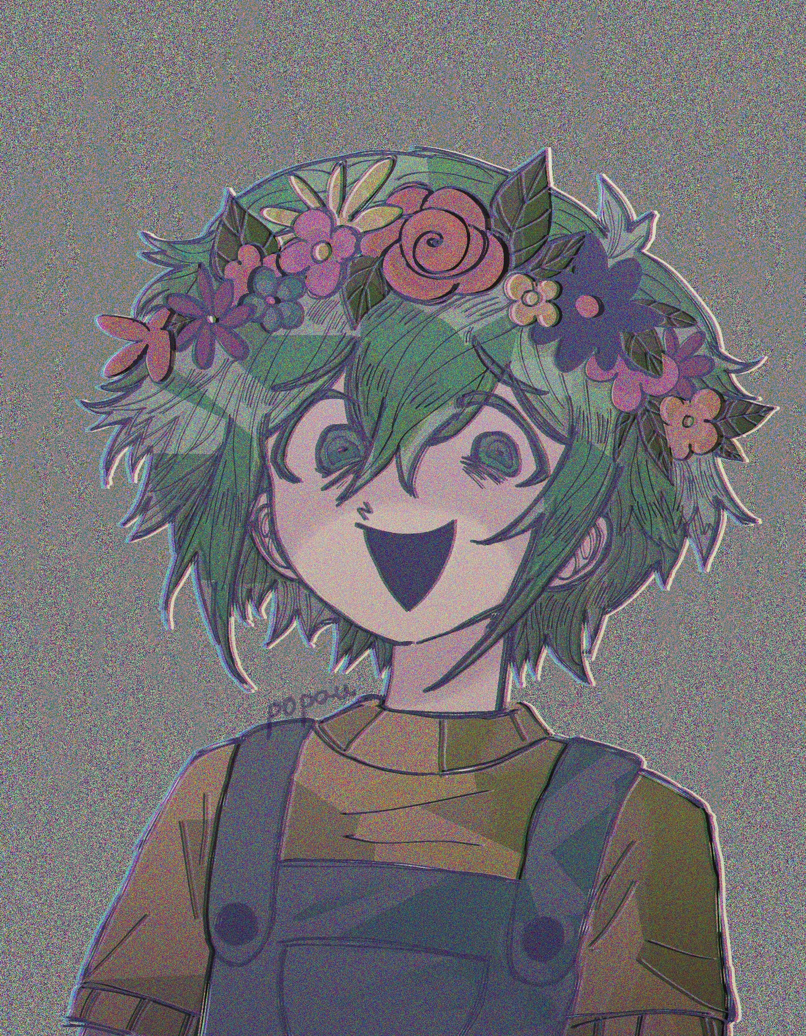 basil (faraway) (omori), basil (omori), omori, commentary, english commentary, highres, 1boy, :d, blue overalls, crazy eyes, daisy (flower), film grain, flower, green hair, head wreath, heavy film grain, leaf, looking at viewer, male focus, messy hair, muted color, open mouth, overalls, popauuu, primrose (flower), rose, shirt, short hair, smile, solo, upper body, yellow shirt