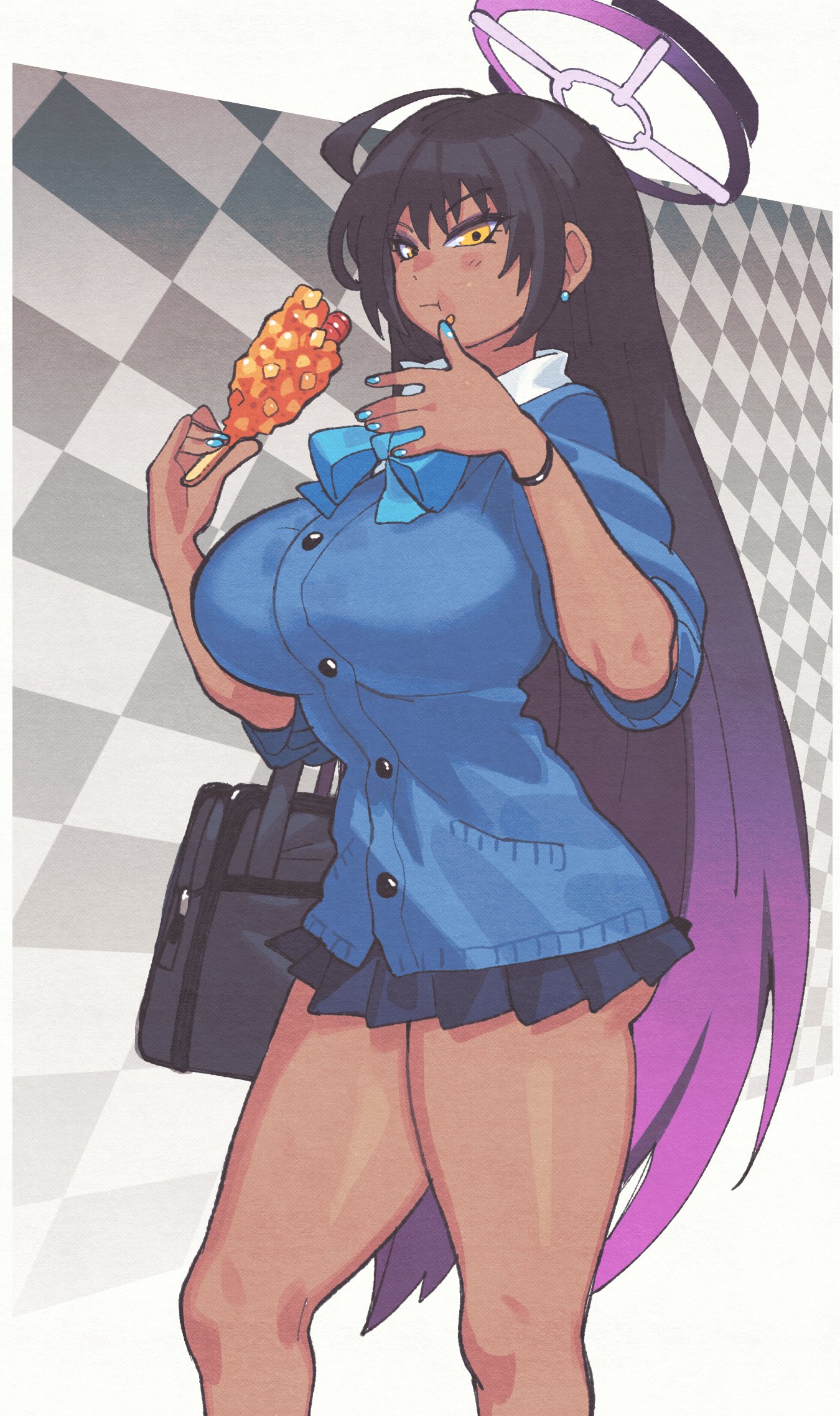 inkerton-kun, karin (blue archive), karin (school uniform) (blue archive), blue archive, highres, bag, bare legs, black hair, blue nails, bracelet, breasts, closed mouth, corn dog, cowboy shot, dark-skinned female, dark skin, earrings, eating, food, gradient hair, halo, hands up, holding, holding food, jewelry, large breasts, long hair, looking at viewer, miniskirt, multicolored hair, purple hair, school uniform, simple background, skirt, two-tone hair, very long hair, yellow eyes