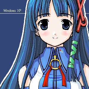 xp-tan, os-tan, lowres, 1girl, bare shoulders, black hair, blue background, blue eyes, blunt bangs, collar, female focus, hair ornament, looking at viewer, o-ring, smile, solo, x hair ornament