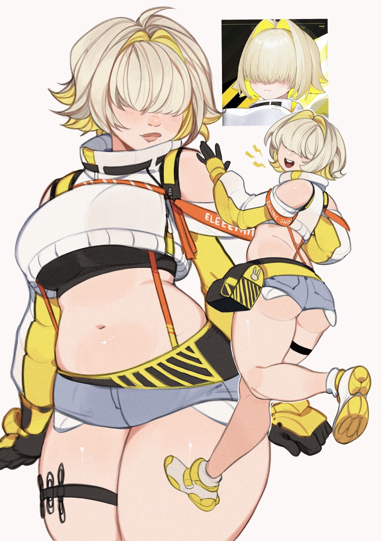 kamii momoru, elegg (nikke), goddess of victory: nikke, commentary, english commentary, highres, 1girl, :d, ass, bag, belly, black gloves, black sports bra, blonde hair, breasts, closed mouth, colored inner hair, cowboy shot, crop top, crop top overhang, cropped sweater, cutoffs, full body, gloves, grey shorts, hair over eyes, large breasts, lips, long sleeves, multicolored gloves, multicolored hair, multiple views, navel, official art inset, open mouth, puffy sleeves, reference inset, shoes, short hair, short shorts, shorts, simple background, smile, sports bra, suspenders, sweater, thigh strap, thighs, underbutt, white background, white shoes