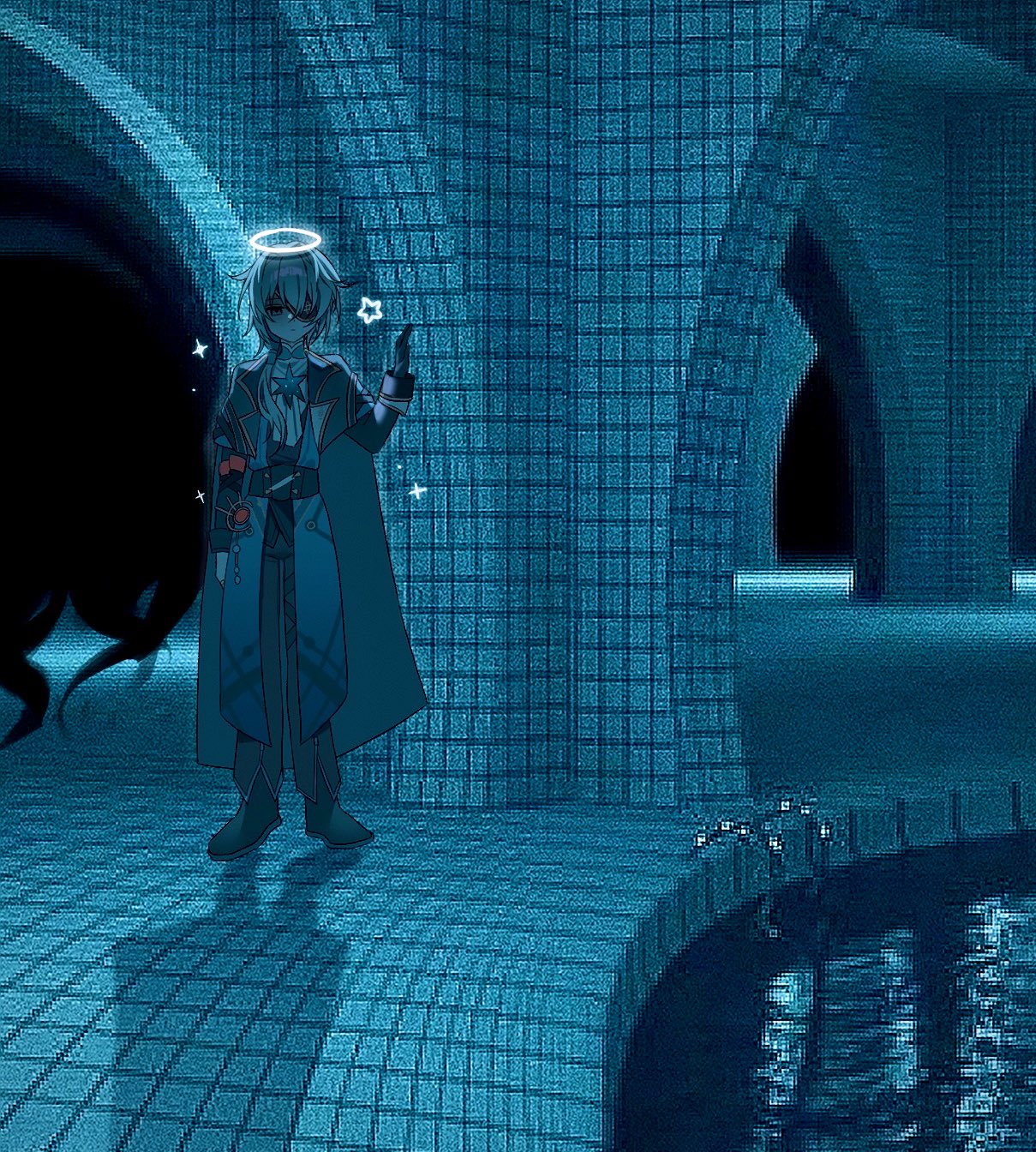 mirukups, anaxa (honkai: star rail), honkai: star rail, honkai (series), highres, 1boy, aqua hair, ascot, black corset, black jacket, black pants, closed mouth, corset, eyepatch, full body, hair between eyes, halo, hand up, jacket, lapels, liminal space, male focus, medium hair, notched lapels, one eye covered, pants, scenery, solo, standing, star (symbol), white ascot