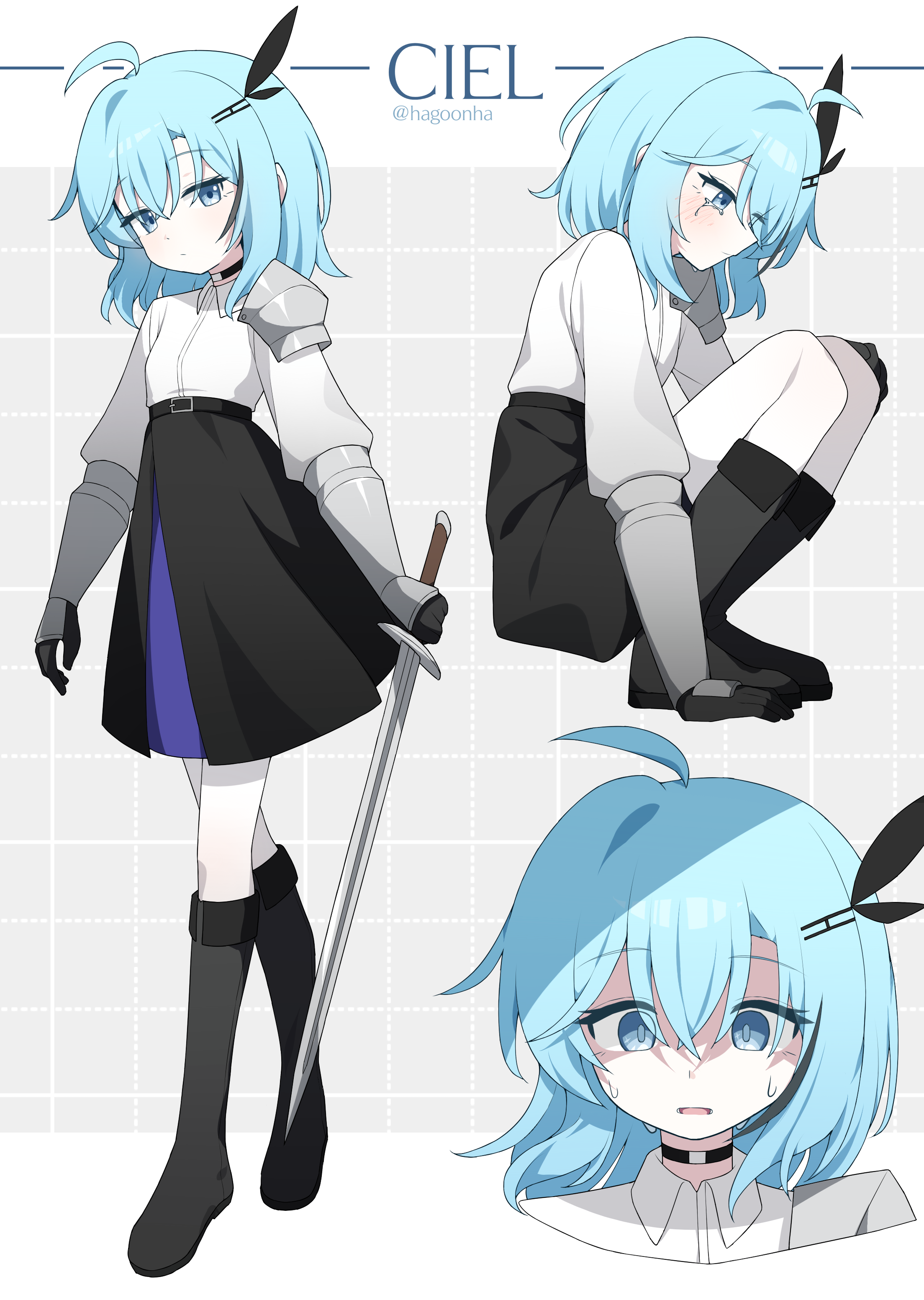 hagoonha, original, absurdres, highres, 1girl, ahoge, black boots, black choker, black gloves, black ribbon, black skirt, blue eyes, blue hair, boots, choker, crying, crying with eyes open, gloves, holding, holding sword, holding weapon, leggings, ribbon, shirt, shoulder plates, skirt, surprised, sweat, sword, tears, vambraces, weapon, white leggings, white shirt