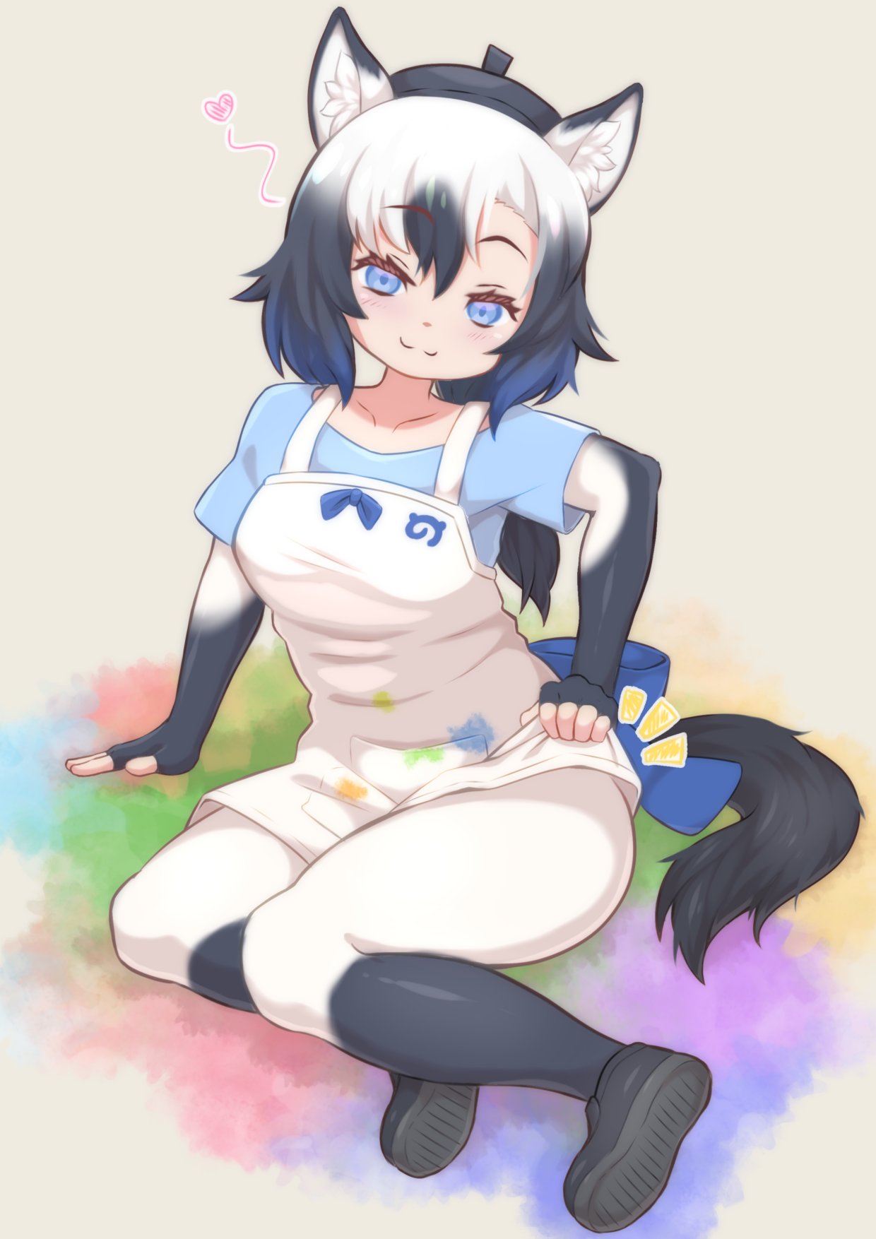 ev (kemomimizuku), tarpan (kemono friends), kemono friends, highres, :3, animal ears, apron, back bow, beret, black gloves, black hat, black pantyhose, blue eyes, blue shirt, bow, collared shirt, elbow gloves, fingerless gloves, gloves, hair between eyes, hat, horse ears, horse girl, horse tail, japari symbol, looking at viewer, multicolored hair, paint stains, pantyhose, shirt, short sleeves, sidelocks, sitting, t-shirt, tail, two-tone gloves, two-tone hair, two-tone pantyhose, white apron, white gloves, white pantyhose