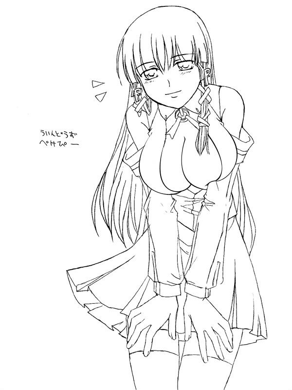 xp-tan, os-tan, breasts, breasts squeezed together, greyscale, large breasts, leaning forward, long hair, monochrome, skirt, solo, thighhighs