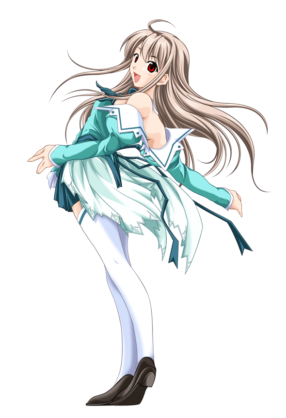 takai sayaka, pia carrot (series), pia carrot e youkoso!!, pia carrot e youkoso!! 3, 1990s (style), 1girl, ahoge, bare shoulders, bow, brown hair, female focus, full body, long hair, red eyes, retro artstyle, ribbon, solo, standing, thighhighs, transparent background, waitress