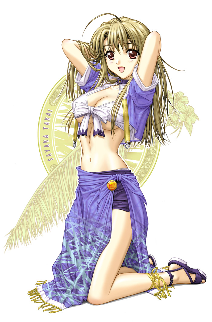 yumenosuke, takai sayaka, pia carrot (series), pia carrot e youkoso!!, pia carrot e youkoso!! 3, 1990s (style), 1girl, ahoge, arms behind head, blonde hair, breasts, choker, cleavage, female focus, front-tie top, hands in own hair, kneeling, midriff, red eyes, retro artstyle, sandals, sarong, solo, underboob