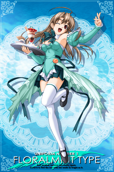 hashimoto takashi, takai sayaka, pia carrot (series), pia carrot e youkoso!!, pia carrot e youkoso!! 3, 1990s (style), 1girl, ahoge, blonde hair, bow, bowtie, breasts, brown hair, detached sleeves, female focus, food, full body, mary janes, red eyes, ribbon, shoes, solo, thighhighs, waitress, zettai ryouiki