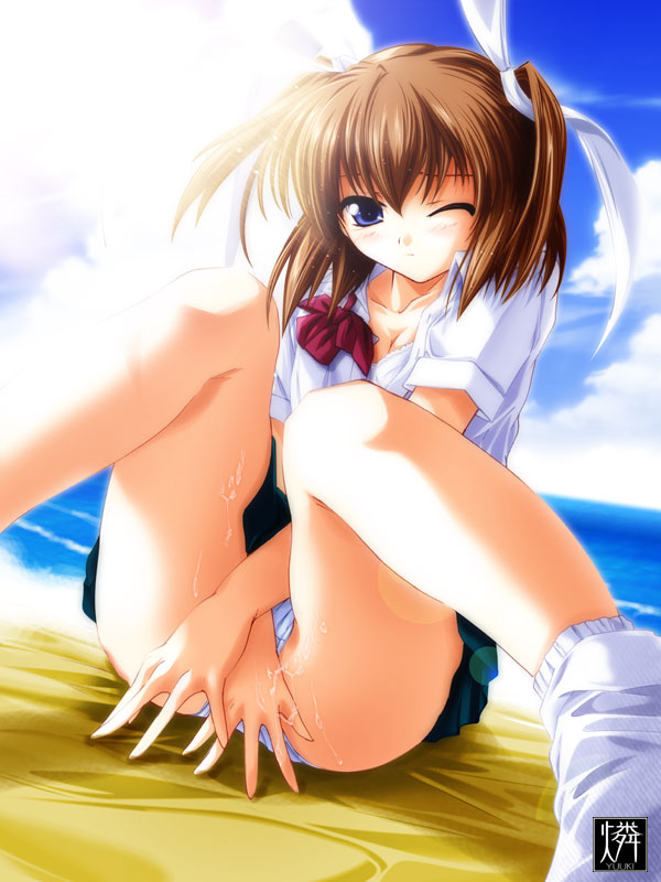 yukirin, aizawa tomomi, pia carrot (series), pia carrot e youkoso!!, pia carrot e youkoso!! 3, 1990s (style), 1girl, beach, blue eyes, bow, bowtie, bra, brown hair, covering crotch, covering privates, day, female focus, hair bow, lingerie, open clothes, open shirt, outdoors, panties, pantyshot, pussy juice, retro artstyle, school uniform, shirt, short hair, sitting, socks, solo, underwear, white bra, white panties, white socks, wince