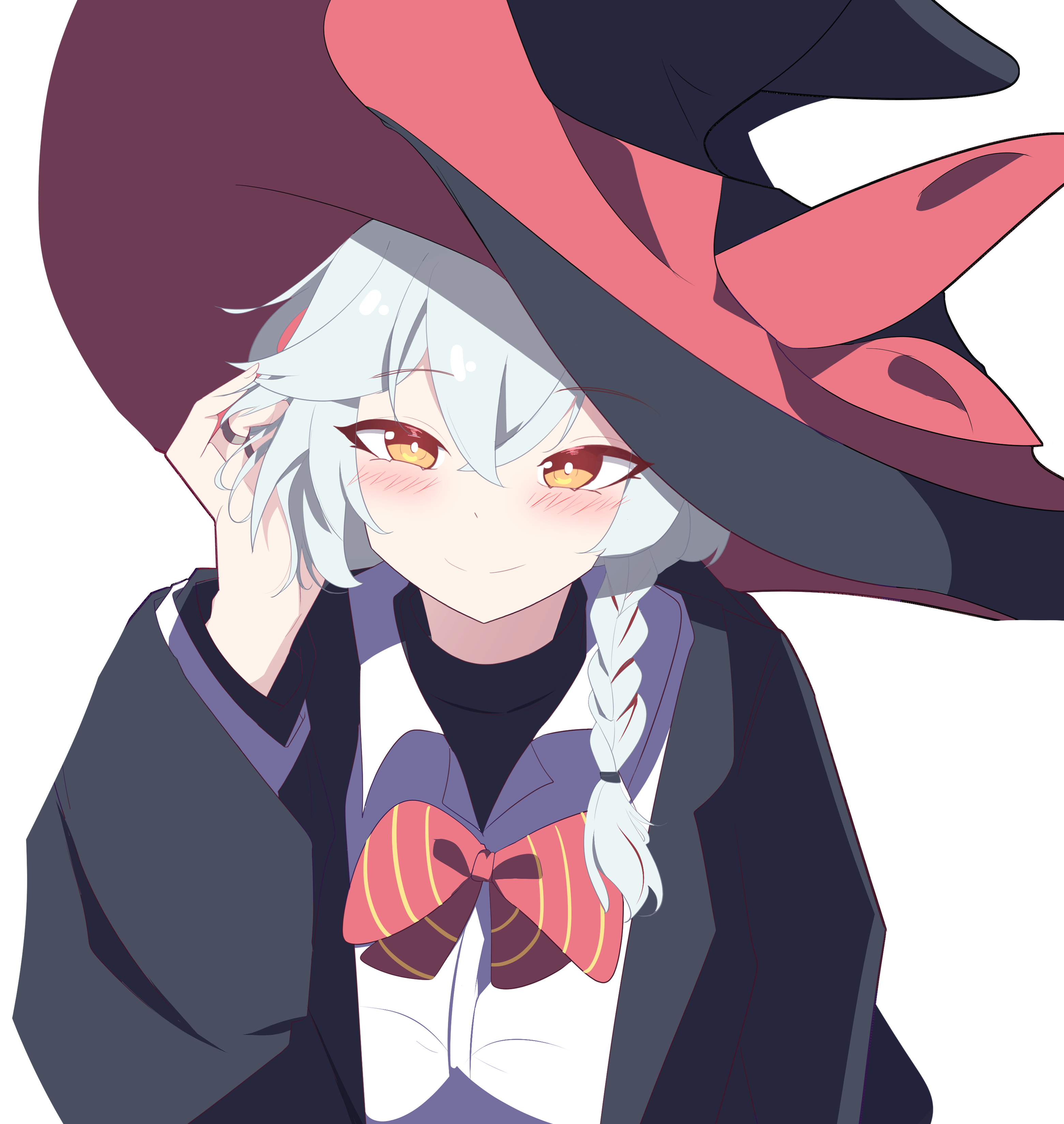 amebrew, eri (blue archive), blue archive, bow, bowtie, braid, halo, hat, jacket, jewelry, long coat, long hair, ring, shirt, skirt, sweater, upper body, white hair, witch hat