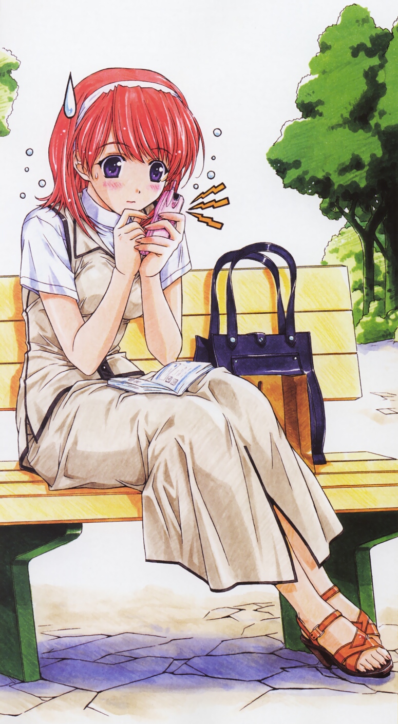 hasumi elan, hasegawa akemi, pia carrot (series), pia carrot e youkoso!!, pia carrot e youkoso!! 3, eyebrows, highres, 1990s (style), 1girl, bag, bench, blush, book, cellphone, feet, female focus, full body, hairband, handbag, holding, holding phone, legs together, long skirt, nervous, no socks, outdoors, pavement, phone, purple eyes, red hair, retro artstyle, sandals, short sleeves, sitting, skirt, skirt set, sky, solo, sweatdrop, toes, tree, vest, wavy mouth, white sky