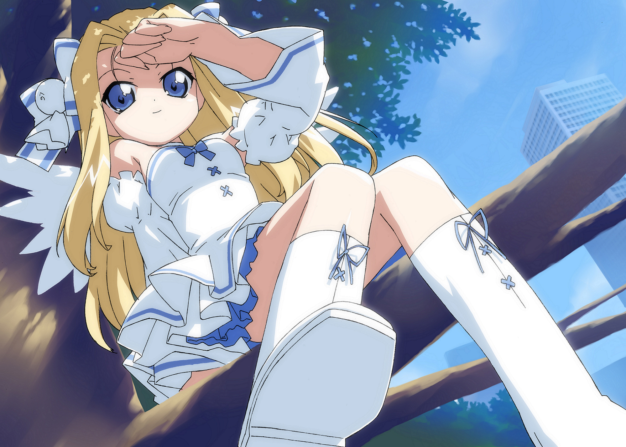 sasha, sasha (pita ten), pita ten, hand on forehead, highres, 1girl, bare shoulders, blonde hair, blue eyes, blue sky, boots, bow, branch, building, day, detached sleeves, dress, dutch angle, female focus, from below, hair bow, in tree, long hair, long sleeves, looking at viewer, ribbon, sitting, sitting in tree, sky, skyscraper, smile, solo, teruterubouzu, tree, very long hair, white boots, wings