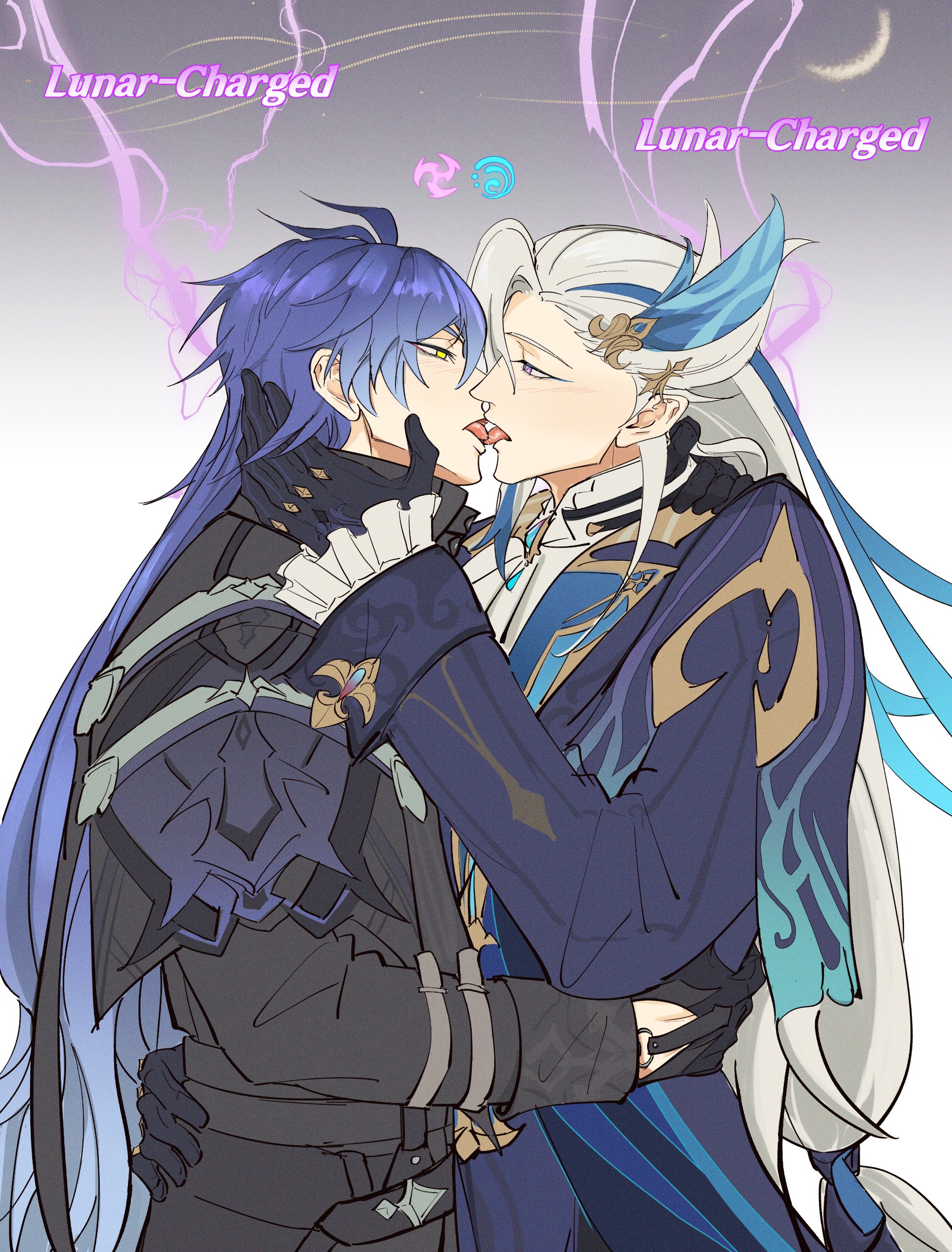 flins (genshin impact), neuvillette (genshin impact), genshin impact, absurdres, commentary, english commentary, highres, 2boys, ahoge, antenna hair, black coat, black gloves, blue coat, blue hair, blue suit, coat, couple, electricity, english text, face-to-face, formal clothes, french kiss, frilled sleeves, frills, from side, gloves, gradient background, gradient hair, hair between eyes, hair ornament, hand around waist, hand on another's neck, hand on another's waist, head tilt, huge ahoge, imminent kiss, kiss, leaning on person, light blush, long hair, long sleeves, looking at another, low-tied long hair, multicolored eyes, multicolored hair, multiple boys, noses touching, open mouth, purple eyes, qqkiqki, simple background, standing, streaked hair, suit, tongue, tongue out, wavy hair, white hair, yaoi, yellow eyes