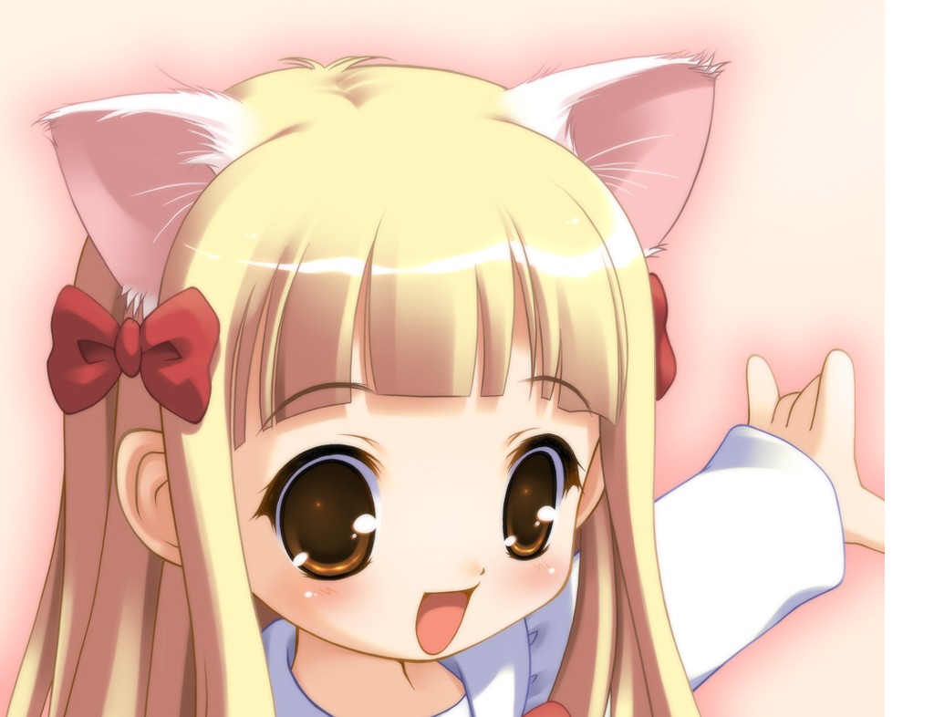 akiba hideki, uematsu koboshi, pita ten, 1girl, :d, animal ears, blonde hair, brown eyes, cat ears, female focus, hair ribbon, loli, long hair, open mouth, ribbon, smile, solo