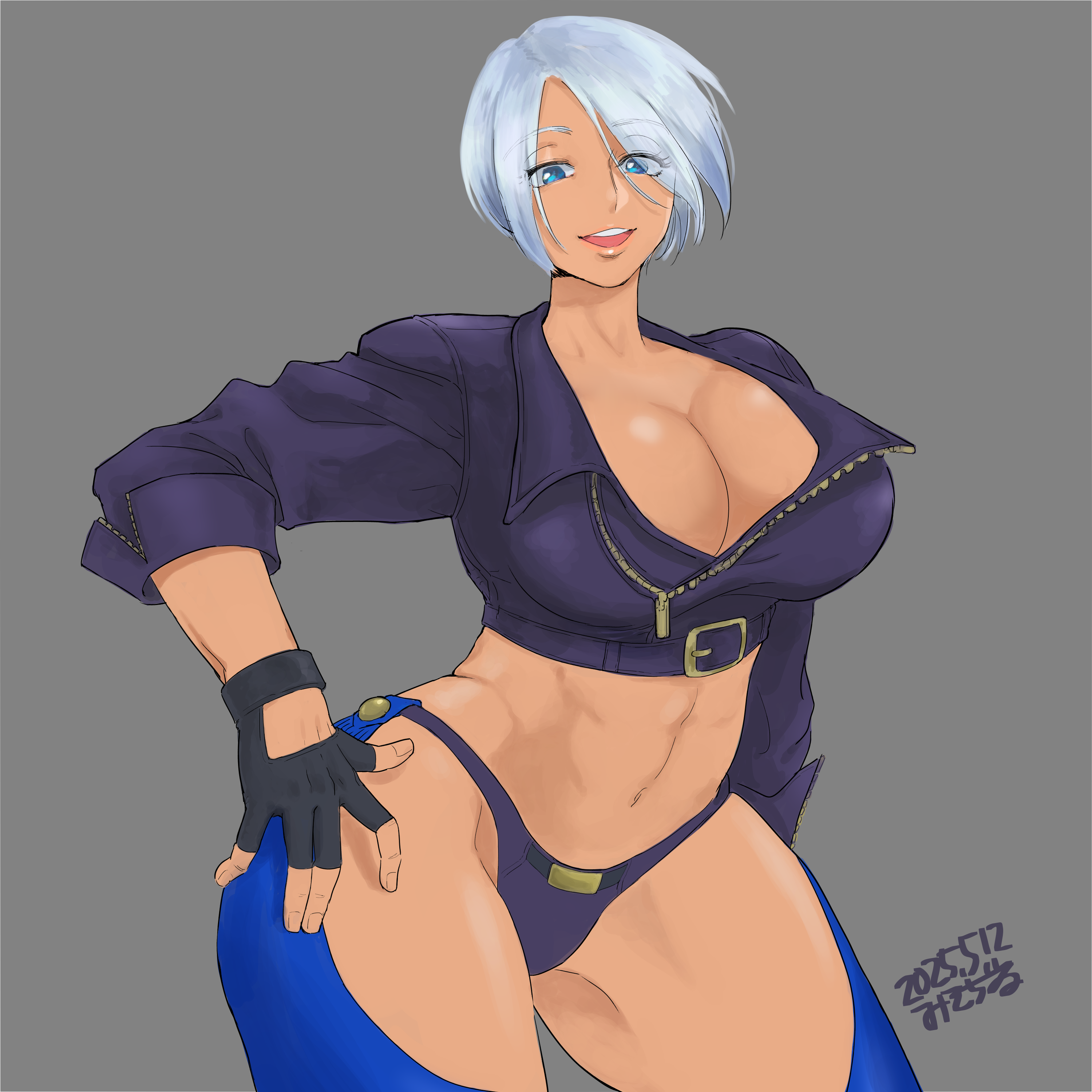 misodiru, angel (kof), snk, the king of fighters, the king of fighters xiv, absurdres, highres, 1girl, backless pants, blue eyes, bra, breasts, chaps, cleavage, crop top, cropped jacket, fingerless gloves, gloves, hair over one eye, jacket, large breasts, leather, leather jacket, looking at viewer, midriff, navel, panties, pants, short hair, smile, solo, strapless, strapless bra, toned, toned female, underwear, white hair