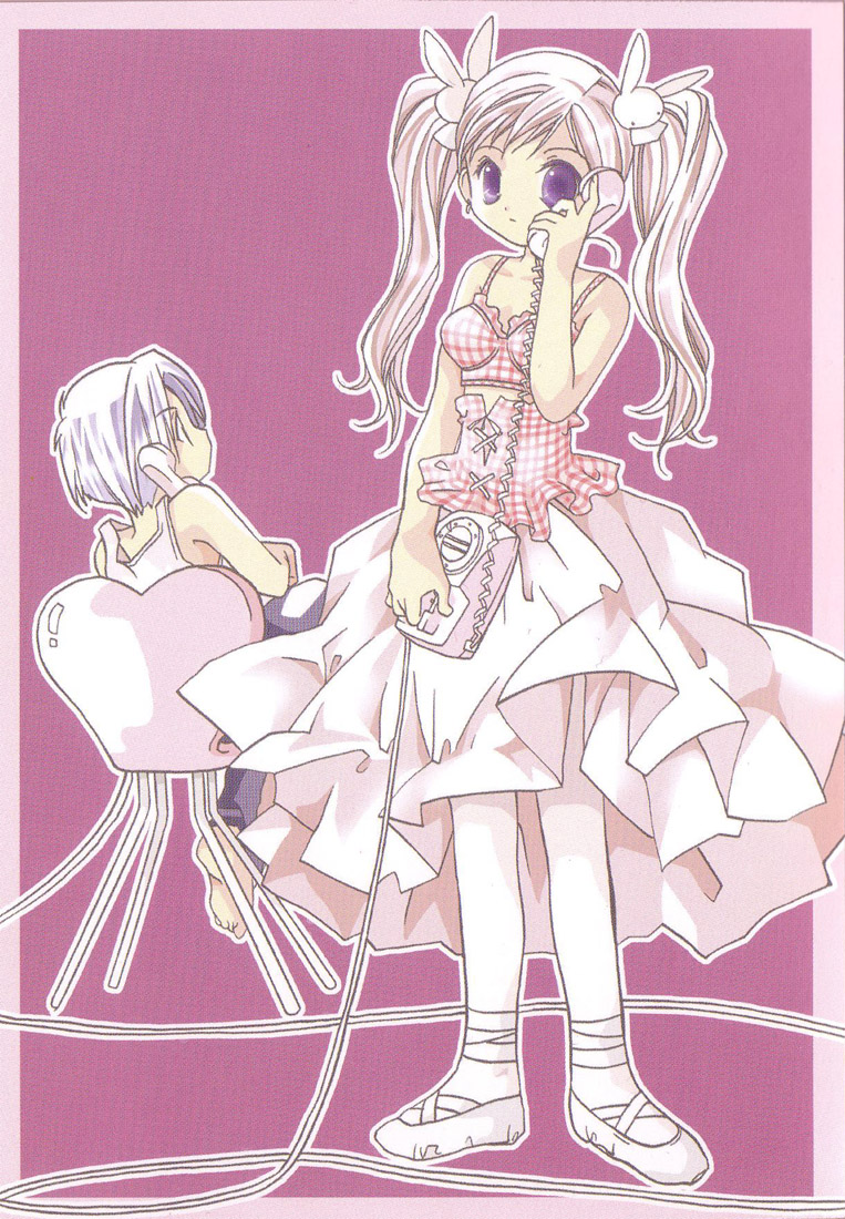koge donbo, higuchi kotarou, misha, misha (pita ten), pita ten, official art, 1boy, 1girl, ballet slippers, chair, corded phone, footwear ribbon, hair ornament, pantyhose, phone, pink background, pink theme, purple eyes, rabbit hair ornament, sitting, twintails, white pantyhose