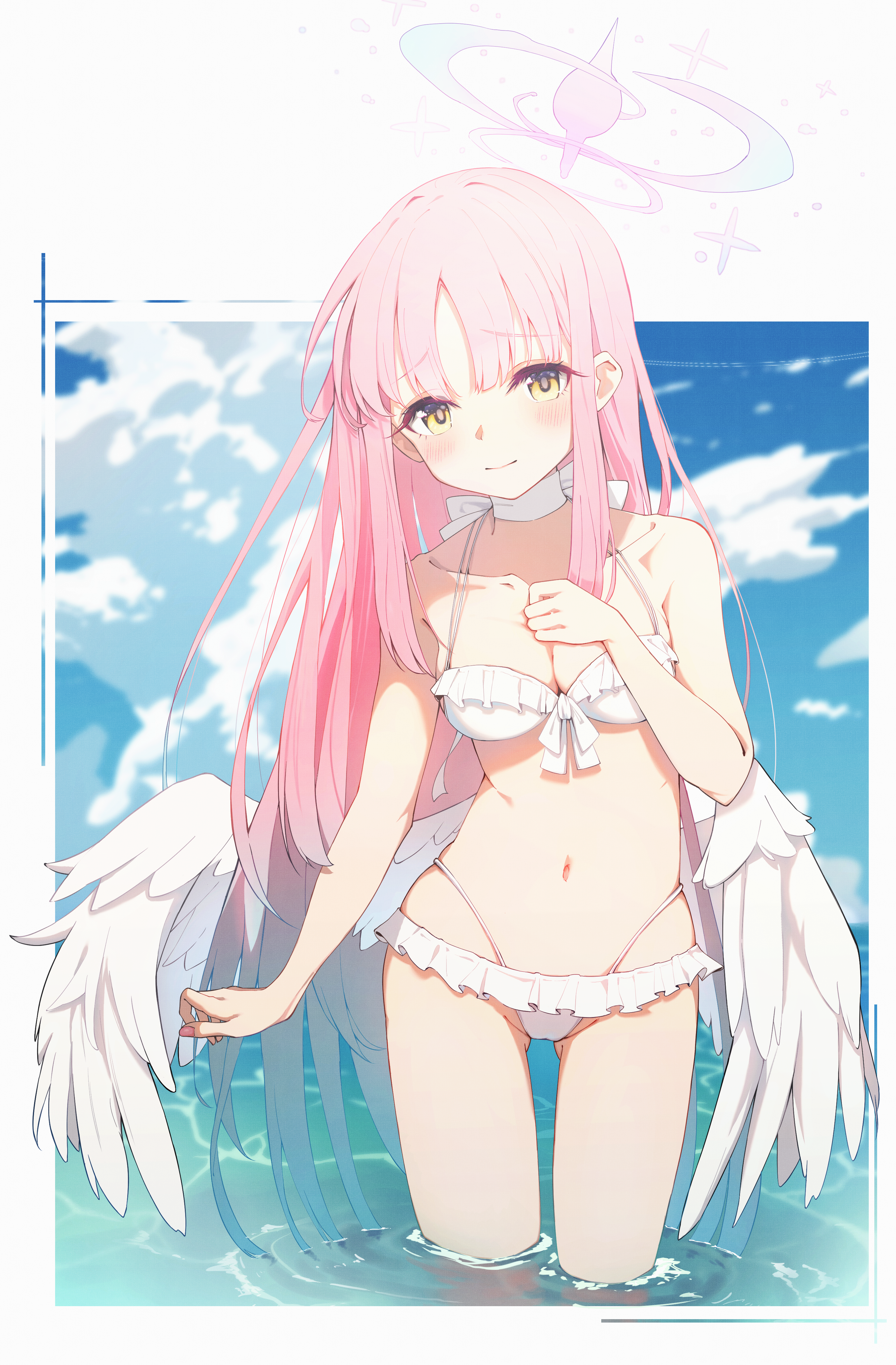 r32532107, mika (blue archive), mika (swimsuit) (blue archive), blue archive, absurdres, highres, 1girl, angel wings, bare arms, bare shoulders, beach, bikini, blush, breasts, cleavage, closed mouth, cloud, cloudy sky, collarbone, feathered wings, frilled bikini, frilled bikini top, frills, halo, long hair, low wings, medium breasts, navel, official alternate costume, official alternate hairstyle, pink hair, pink halo, sky, smile, solo, stomach, swimsuit, very long hair, wet, white bikini, white wings, wings, yellow eyes