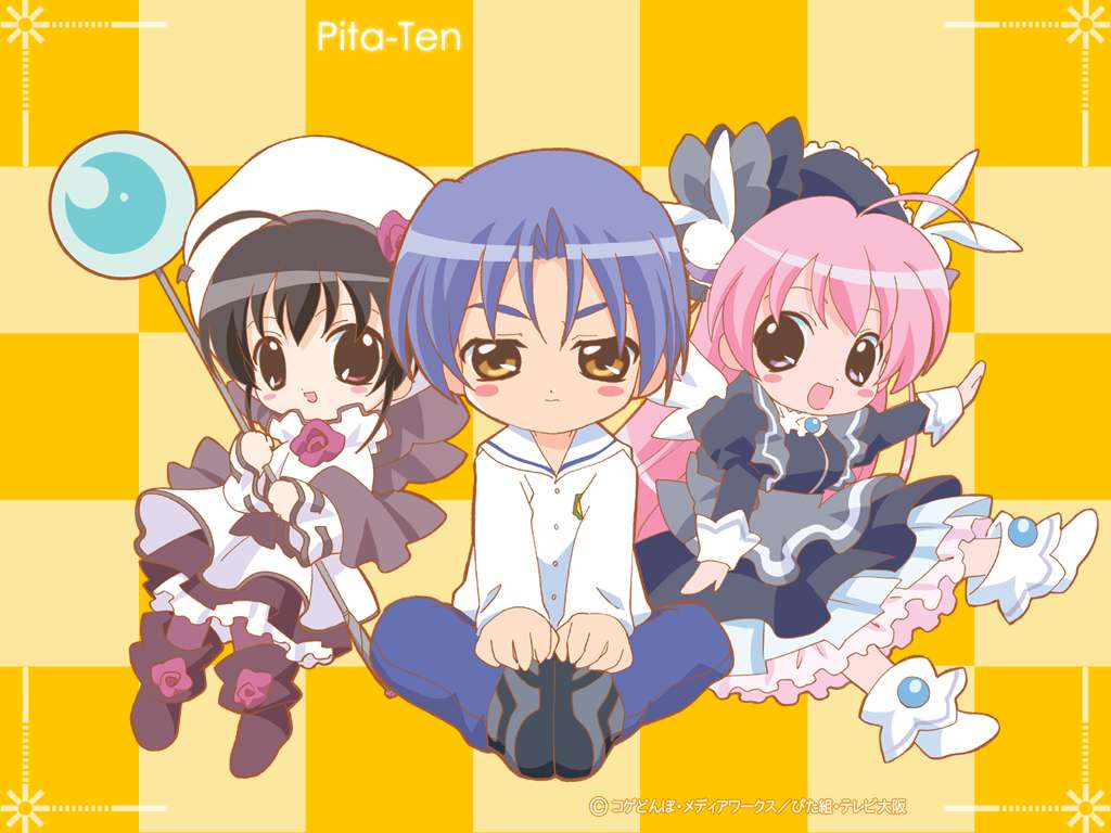 sakai kyuuta, shia, higuchi kotarou, misha, misha (pita ten), shia (pita ten), pita ten, official art, official wallpaper, 1boy, 2girls, ahoge, black hair, blue hair, blush stickers, brown eyes, butterfly sitting, checkered background, copyright name, dress, frills, hair ornament, hat, magical girl, multiple girls, pink hair, rabbit hair ornament, sitting, wings