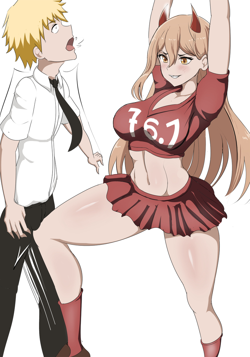 pakku (artist), denji (chainsaw man), power (chainsaw man), chainsaw man, 1boy, 1girl, arms up, ball busting, black necktie, demon horns, horns, kneeing, necktie, red skirt, shirt, skirt, white shirt