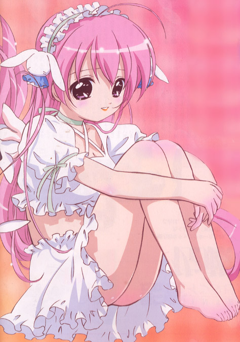 sakai kyuuta, misha, misha (pita ten), pita ten, official art, 1girl, ahoge, angel, bare legs, barefoot, breasts, choker, cleavage, collarbone, female focus, frilled skirt, frills, gradient background, hair ornament, hair ribbon, hairband, hugging own legs, legs up, lips, lolita hairband, long hair, maid headdress, medium breasts, midriff, parted lips, pink background, pink hair, rabbit hair ornament, ribbon, shirt, short sleeves, simple background, sitting, skirt, solo, teeth, very long hair, white shirt, white skirt, wings