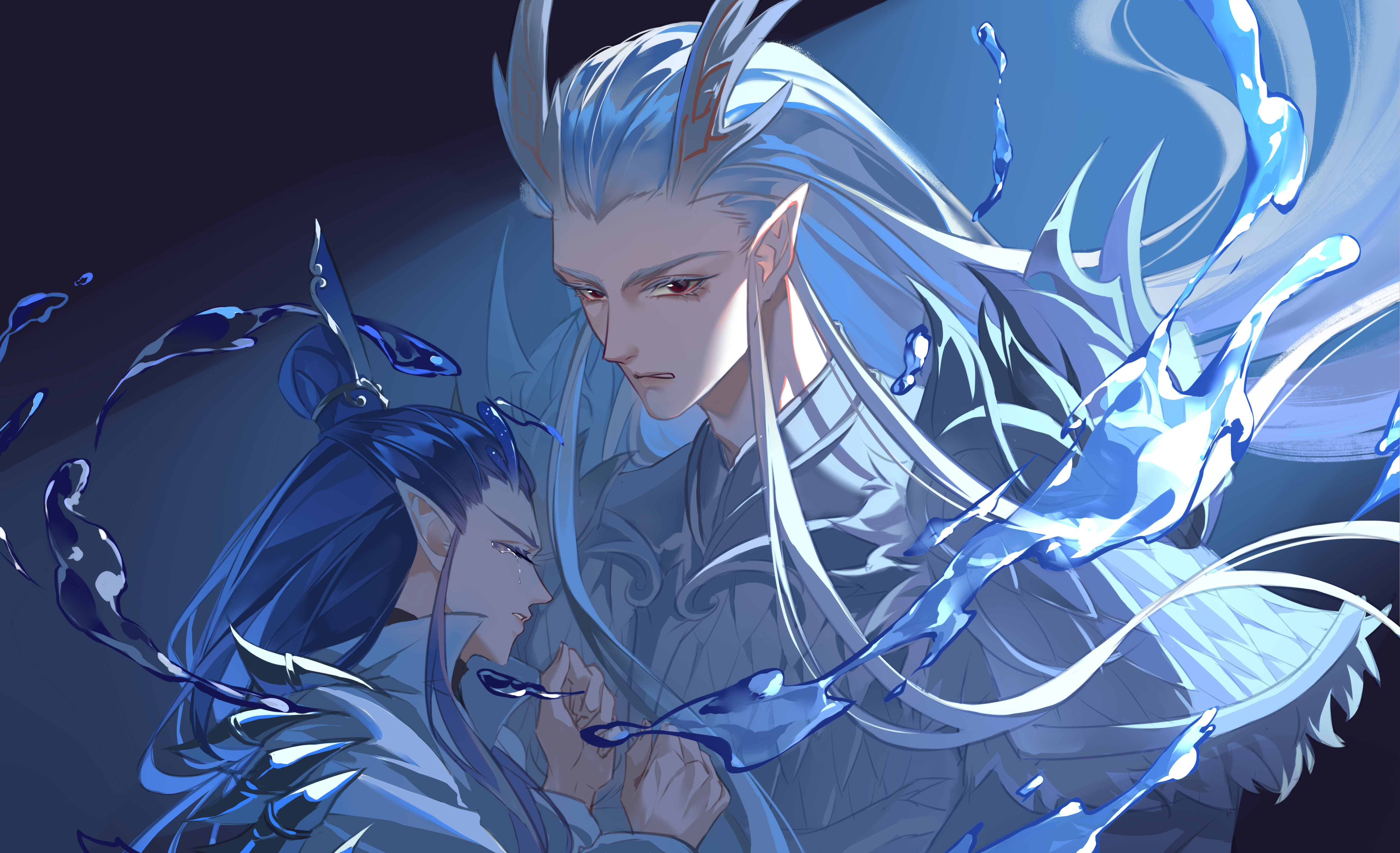 wei yi, ao bing (nezha zhi motong jiangshi), ao guang (nezha zhi motong jiangshi), nezha zhi motong jiangshi, absurdres, chinese commentary, highres, 2boys, angry, armor, biting own lip, blue background, blue hair, blue horns, carrying, clawed gauntlets, closed eyes, crying, dragon boy, dragon horns, eastern dragon horns, father and son, floating hair, fur trim, hair slicked back, horns, hydrokinesis, long hair, long sidelocks, looking at viewer, male focus, multiple boys, pointy ears, princess carry, profile, red eyes, sidelocks, sideways glance, topknot, upper body, very long hair, very long sidelocks, water, white armor, white hair, white horns, xiao guan (headdress)