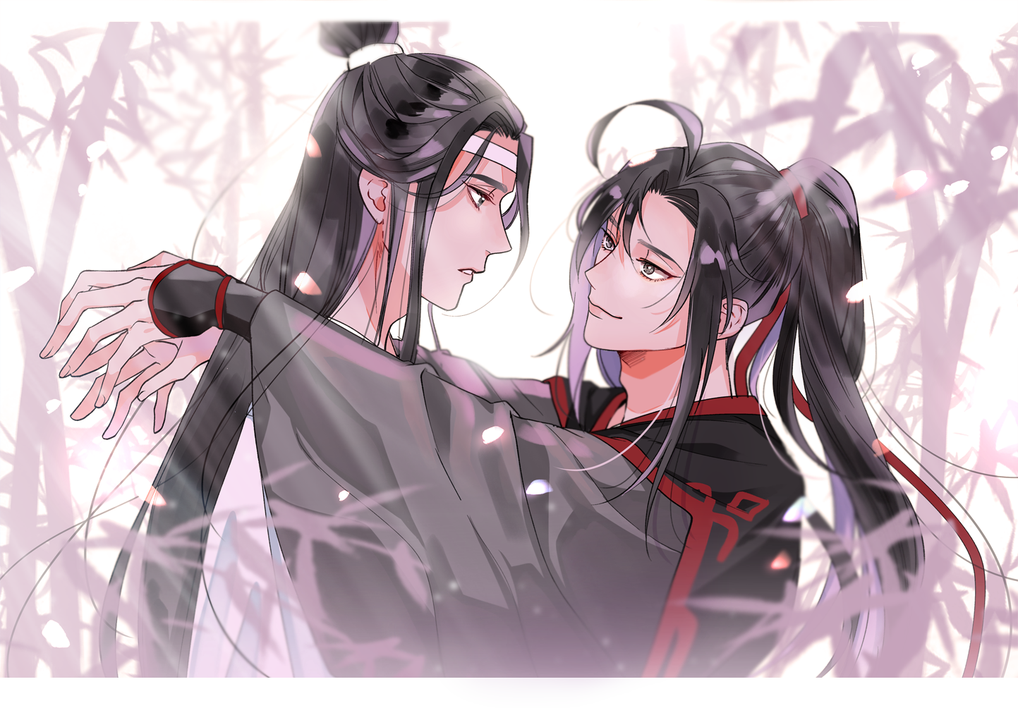 lan wangji, wei wuxian, modao zushi, 2boys, ahoge, bamboo, bamboo forest, bishounen, black hair, black hanfu, blurry, blurry foreground, brown eyes, chinese clothes, closed mouth, couple, eye contact, falling petals, forest, hair ribbon, hanfu, hayaorikine, headband, high ponytail, hug, long hair, long sleeves, looking at another, male focus, multiple boys, nature, parted lips, petals, ponytail, red ribbon, ribbon, robe, sidelocks, sleeves past wrists, smile, topknot, upper body, white hanfu, white headband, wide sleeves, xiao guan (headdress), yaoi