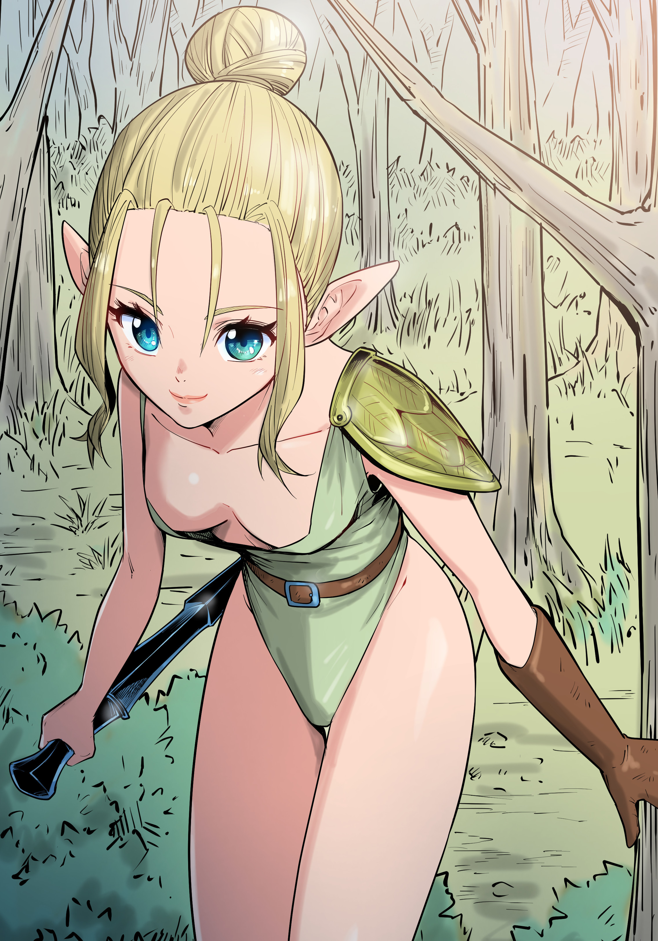 manjuurou, original, absurdres, commentary request, highres, 1girl, blonde hair, breasts, brown gloves, cowboy shot, downblouse, elf, forest, gloves, green leotard, hair bun, highleg, highleg leotard, leotard, nature, pointy ears, short hair, single glove, single hair bun, small breasts, solo, sword, weapon