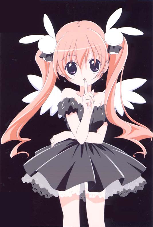 misha, misha (pita ten), pita ten, 1girl, angel, bare shoulders, black background, black dress, collarbone, dress, earrings, female focus, finger to mouth, hair ornament, jewelry, long hair, looking at viewer, pink hair, rabbit hair ornament, shushing, simple background, solo, standing, twintails, white wings, wings