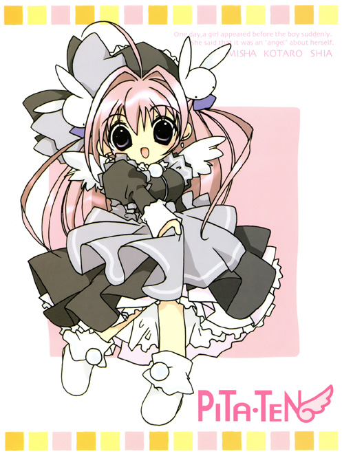 koge donbo, misha, misha (pita ten), pita ten, official art, 1girl, :d, ahoge, bow, copyright name, dress, earrings, female focus, full body, hair intakes, hair ornament, jewelry, long hair, looking at viewer, open mouth, pink hair, purple eyes, rabbit hair ornament, shoes, smile, solo, white wings, wings