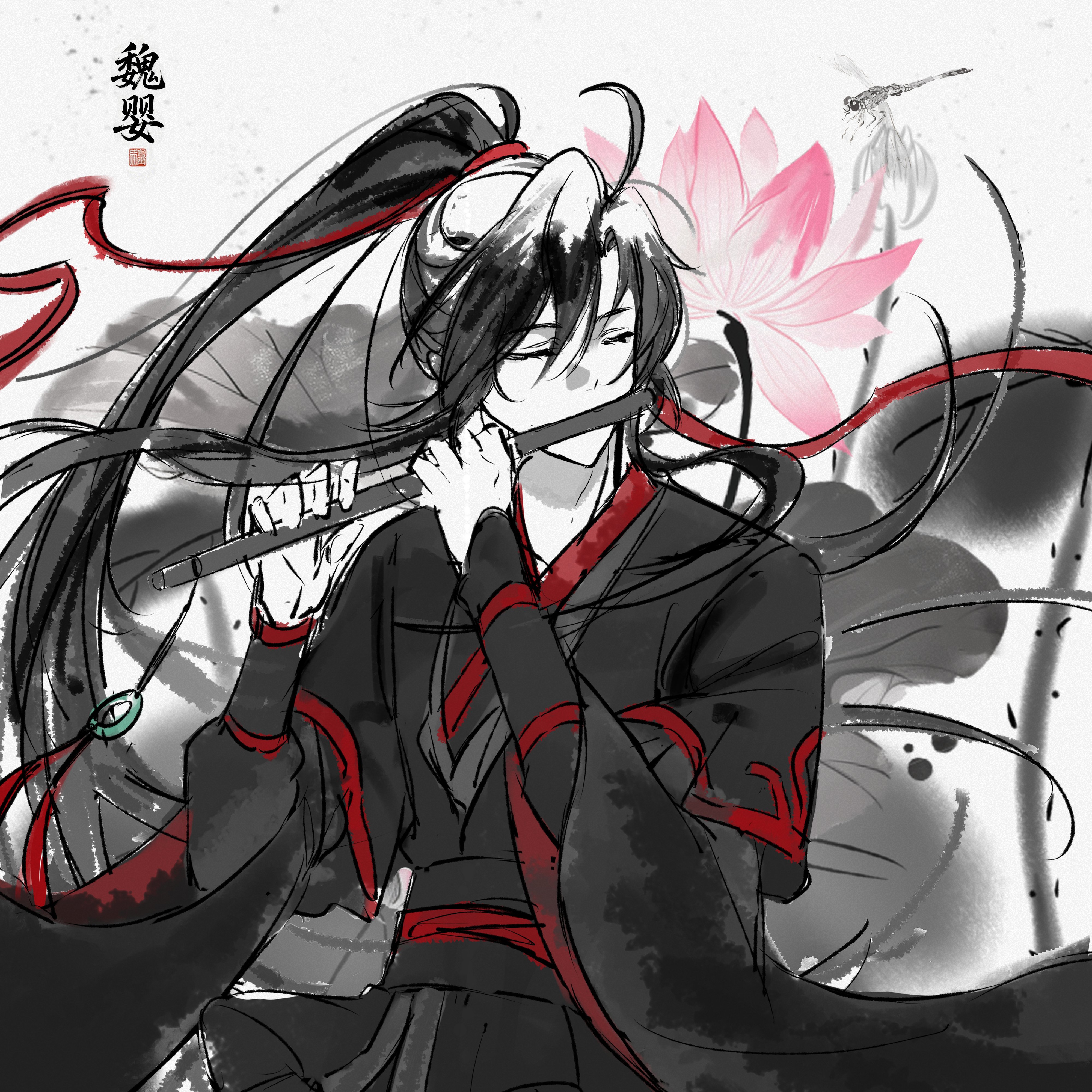 miaoyeza233, wei wuxian, modao zushi, absurdres, highres, 1boy, ahoge, bishounen, black hair, black hanfu, character name, chinese clothes, chinese text, closed eyes, dizi, faux traditional media, floating hair, flower, flute, flute tassel, hair ribbon, hanfu, holding, holding flute, holding instrument, ink wash painting, instrument, long hair, long sleeves, lotus, lotus leaf, male focus, monochrome, music, pink flower, playing flute, playing instrument, ponytail, red ribbon, ribbon, robe, sash, seal impression, sidelocks, solo, spot color, tassel, transverse flute, wide sleeves